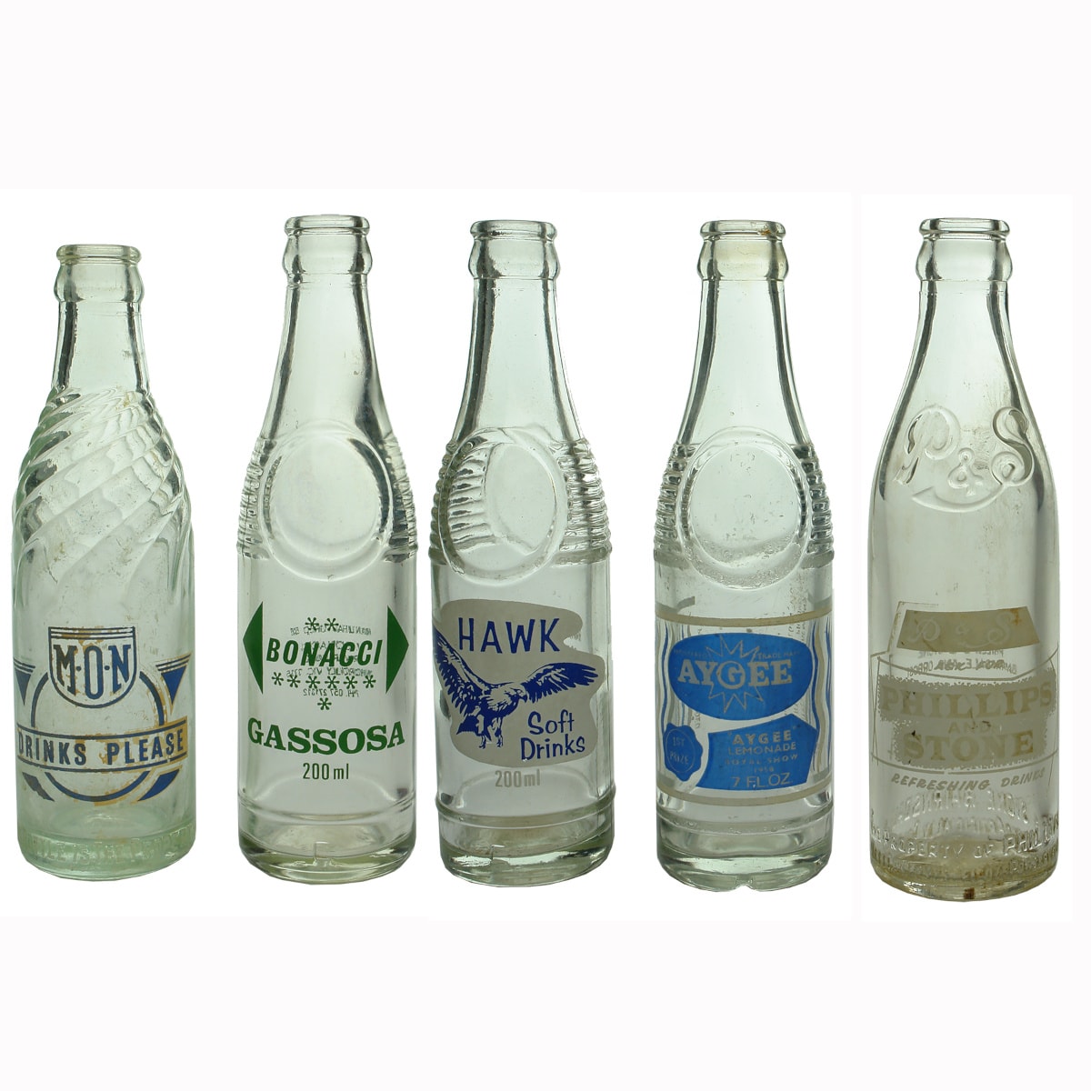 5 small VIC ceramic Label Crown Seals: Bonacci Gassosa Whorouly; Hawk Soft Drinks; Aygee Traralgon; Phillips & Stone Bairnsdale and Orbost; MON Manger & O'Neill Echuca. (Victoria)