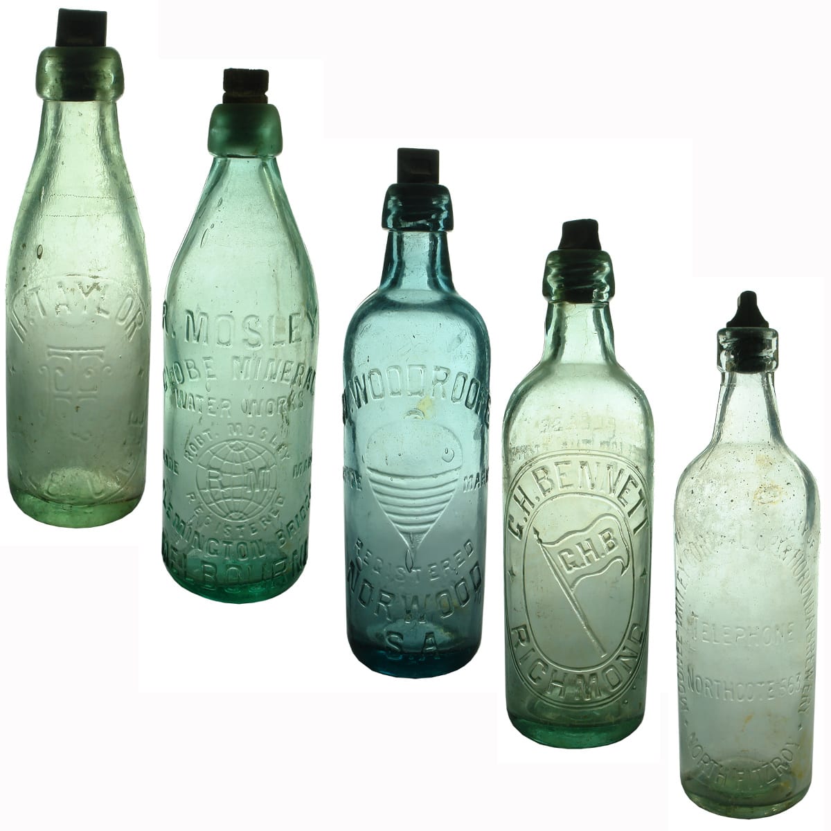 5 Internal Threads. H. Taylor, Melbourne (small); R. Mosley, Melbourne; W. Woodroofe, Norwood; G. H. Bennett, Richmond; Moonee Valley Cordial Co (Machine top). (Victoria & South Australia)