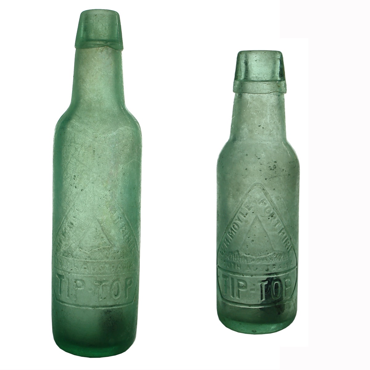 2 Lamonts. W. H. Moyle, Port Pirie. Tip Top. FBH. Aqua. 10 oz; W. H. Moyle, Port Pirie. Tip Top. Kilner Bros. Aqua. 6 oz. (South Australia)