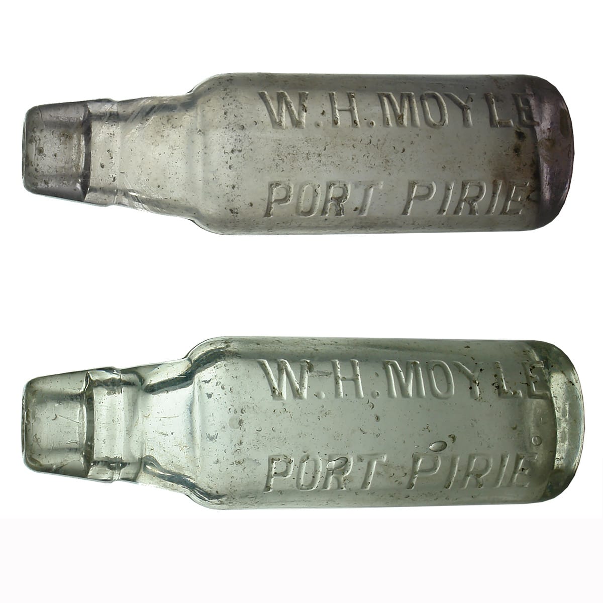 2 Lamonts. W. H. Moyle, Port Pirie. M base marks. Amethyst & Clear. 6 oz. (South Australia)