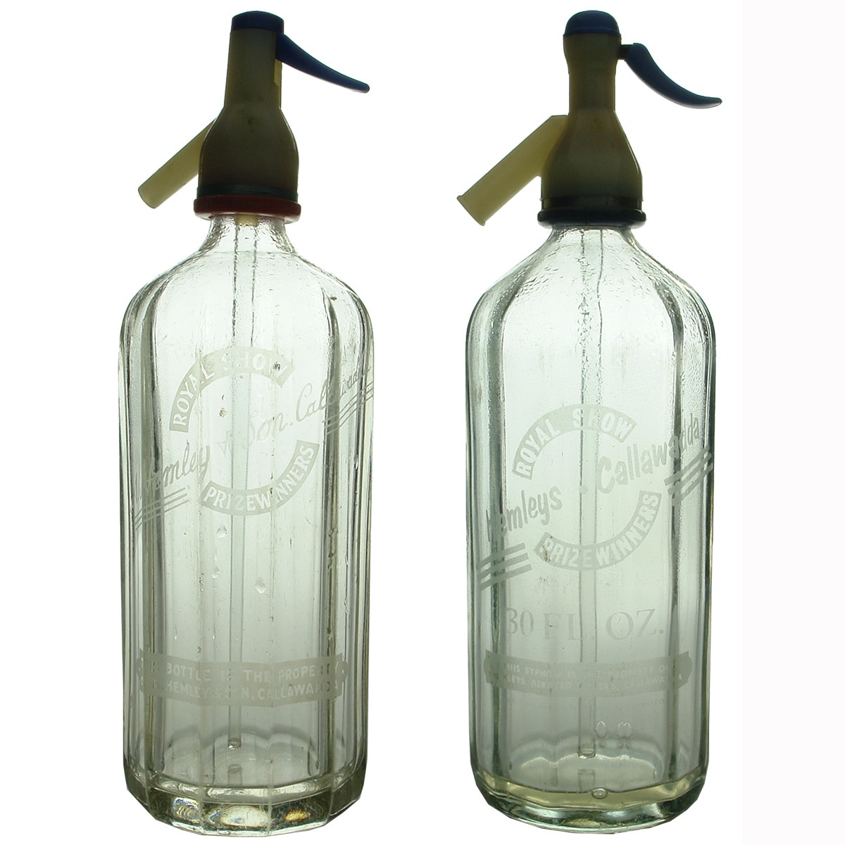 2 Soda Syphons. Hemleys Callawadda. Royal Show Prize Winners. Clear. Regent shapes. 30 oz. (Victoria)