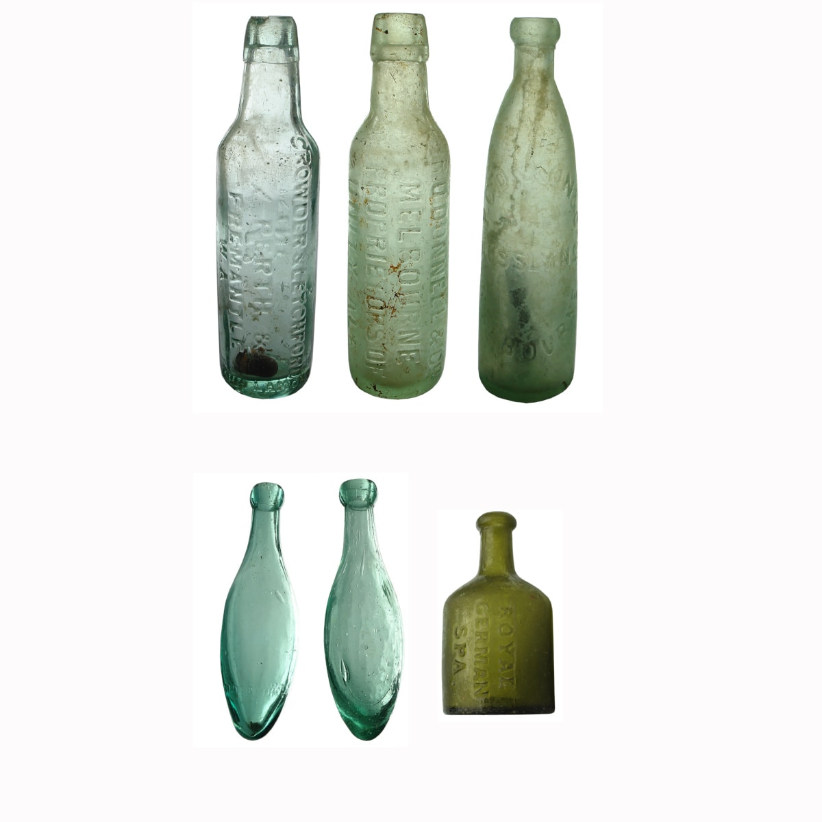 6 Aerated Waters: Crowder & Letchford Lamont; R. O'Donnell Lamont; P. G. Dixon Hogben patent; 2 Torpedos; Royal German Spa Blob Top.