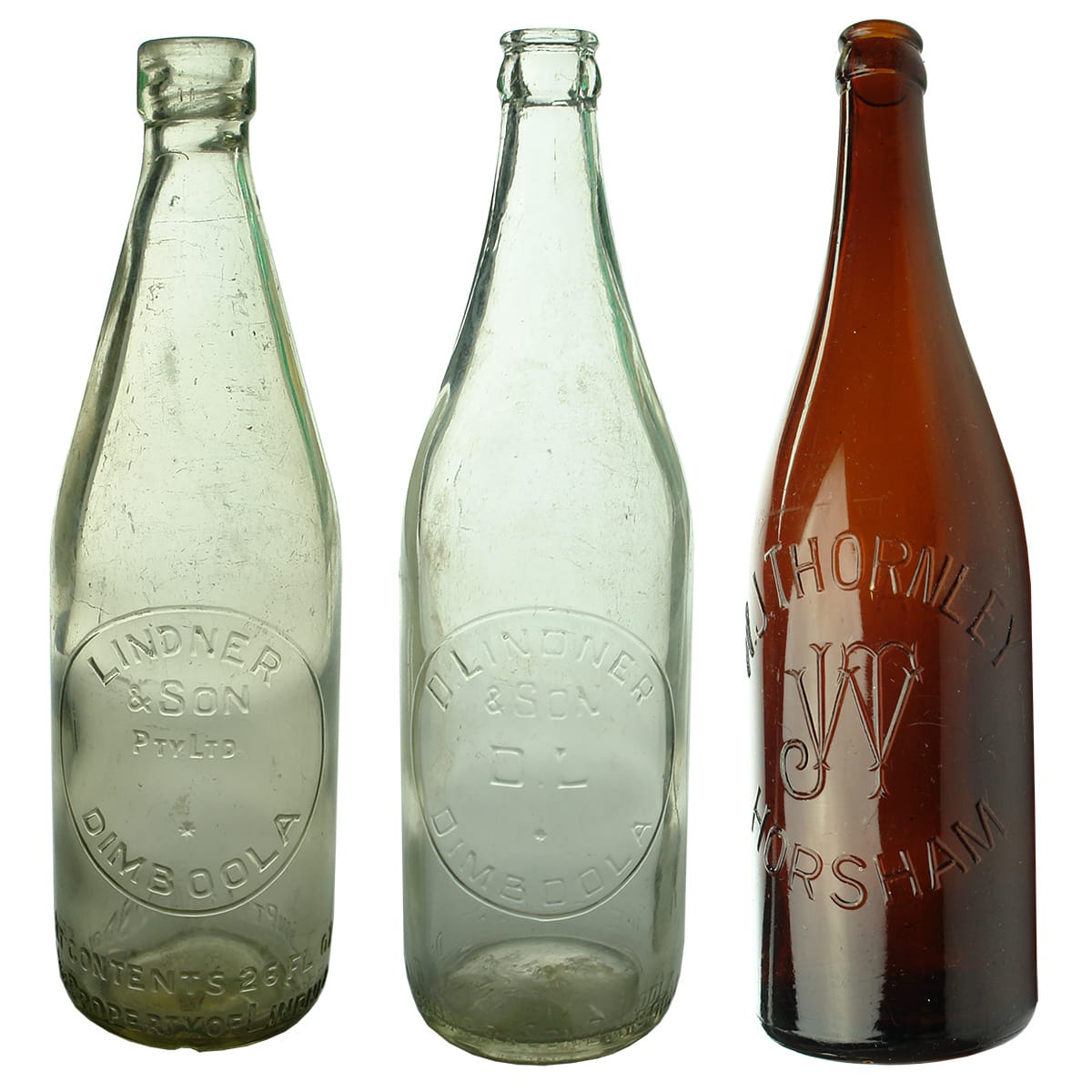 3 Bottles: Lindner Dimboola Internal Thread & Crown Seal; W. J. Thornley Horsham Crown Seal. (Victoria)