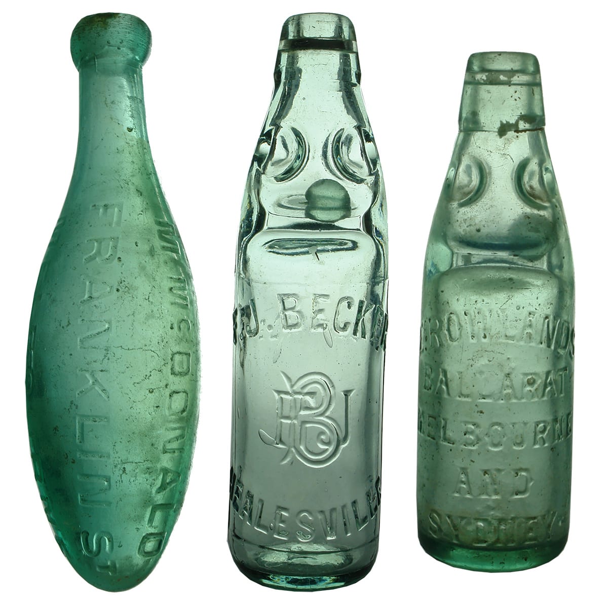 3 Aerated Waters: M. McDonald Melbourne torpedo; F. J. Becker, Healesville Codd; E. Rowlands Codd.
