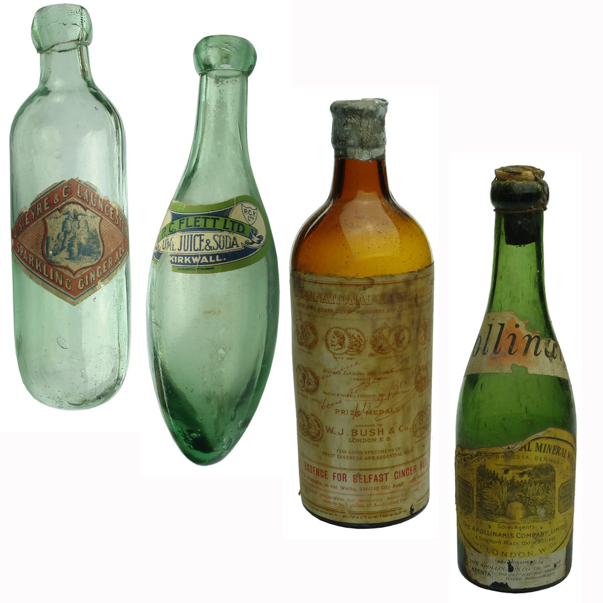 4 labelled bottles: J. S. Eyre Launceston Maugham; P. C. Flett Kirkwall Torpedo; W. J. Bush Essence of Belfast Ginger Ale; Apollinaris Mineral Water.