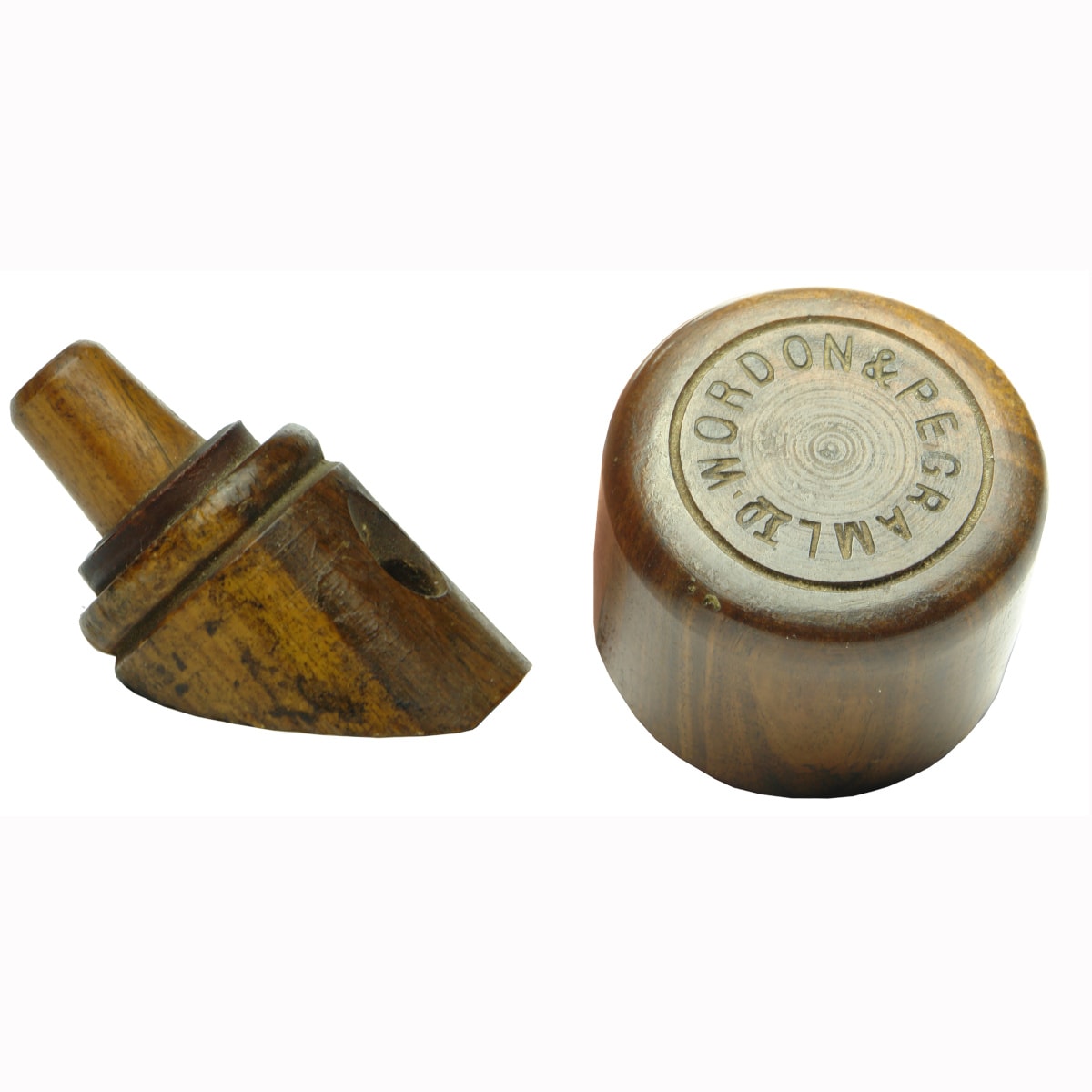 Openers. Pair of wooden codd openers: 1. Bench mounted codd opener. 2. Wordon & Pegram Ltd Codd Opener.
