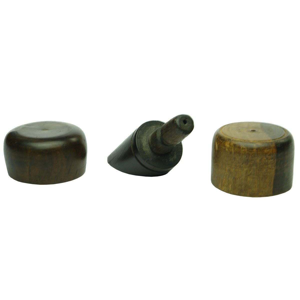 Openers. Three unmarked codd openers: 1. Dark bulbous shape. 2. Dark bench mounted opener. 3. Straight sided codd opener.