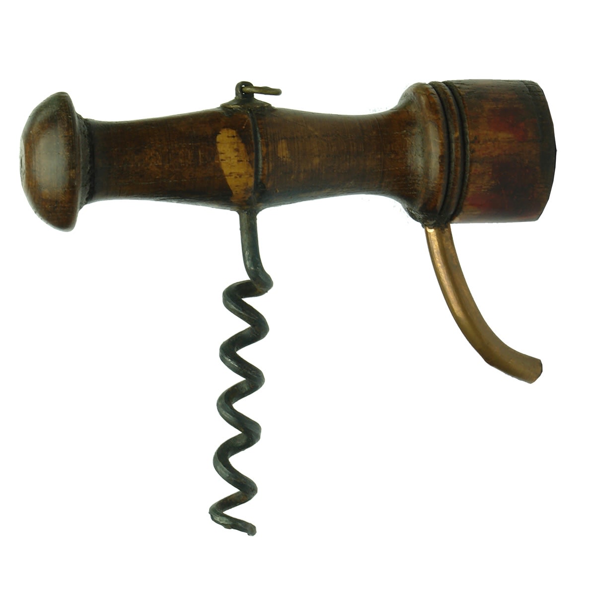 Opener. Wooden handle corkscrew with codd opener and gas release tube.