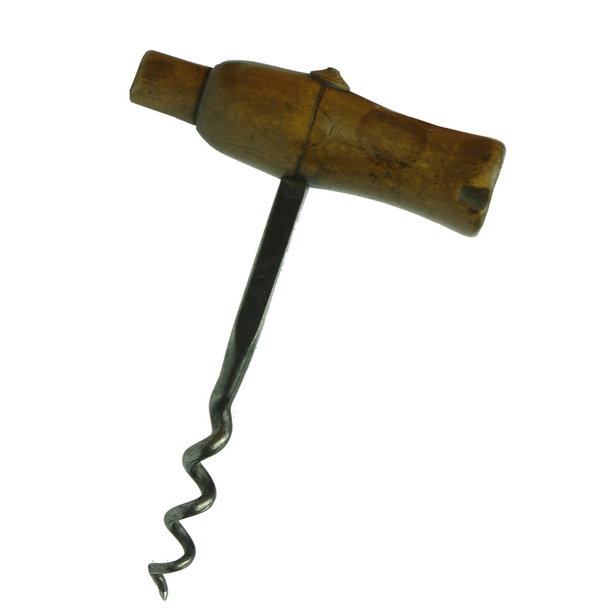 Opener. Wooden handle corkscrew with protruding codd opener.