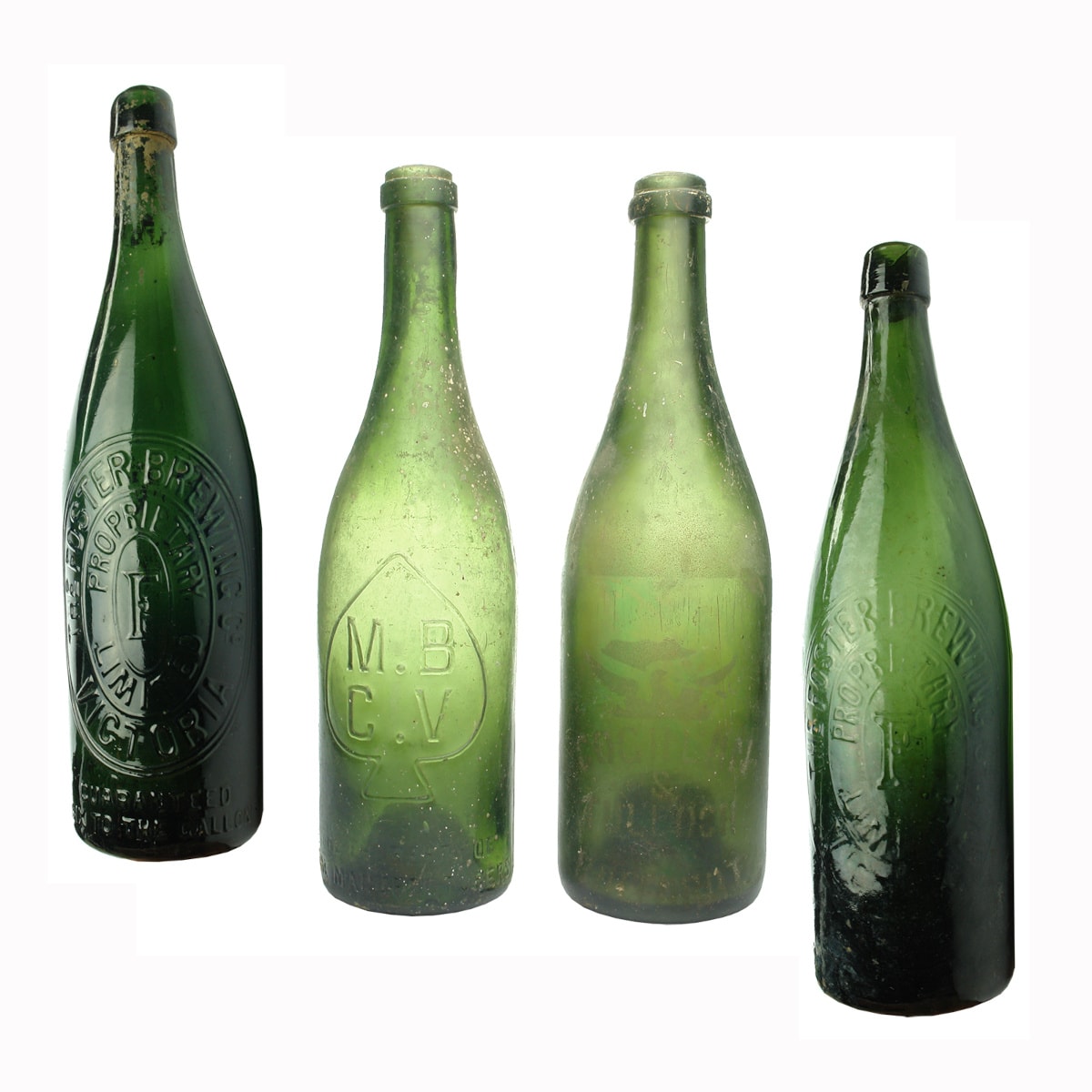 4 Beers. 2 x The Foster Brewing Co. Green. 26 oz. F R base mark and F S base mark; M. B. C. V. Ring Seal; Coghlan & Tulloch, Ballarat. Ring Seal. Green. Sand Blasted.. (Victoria)