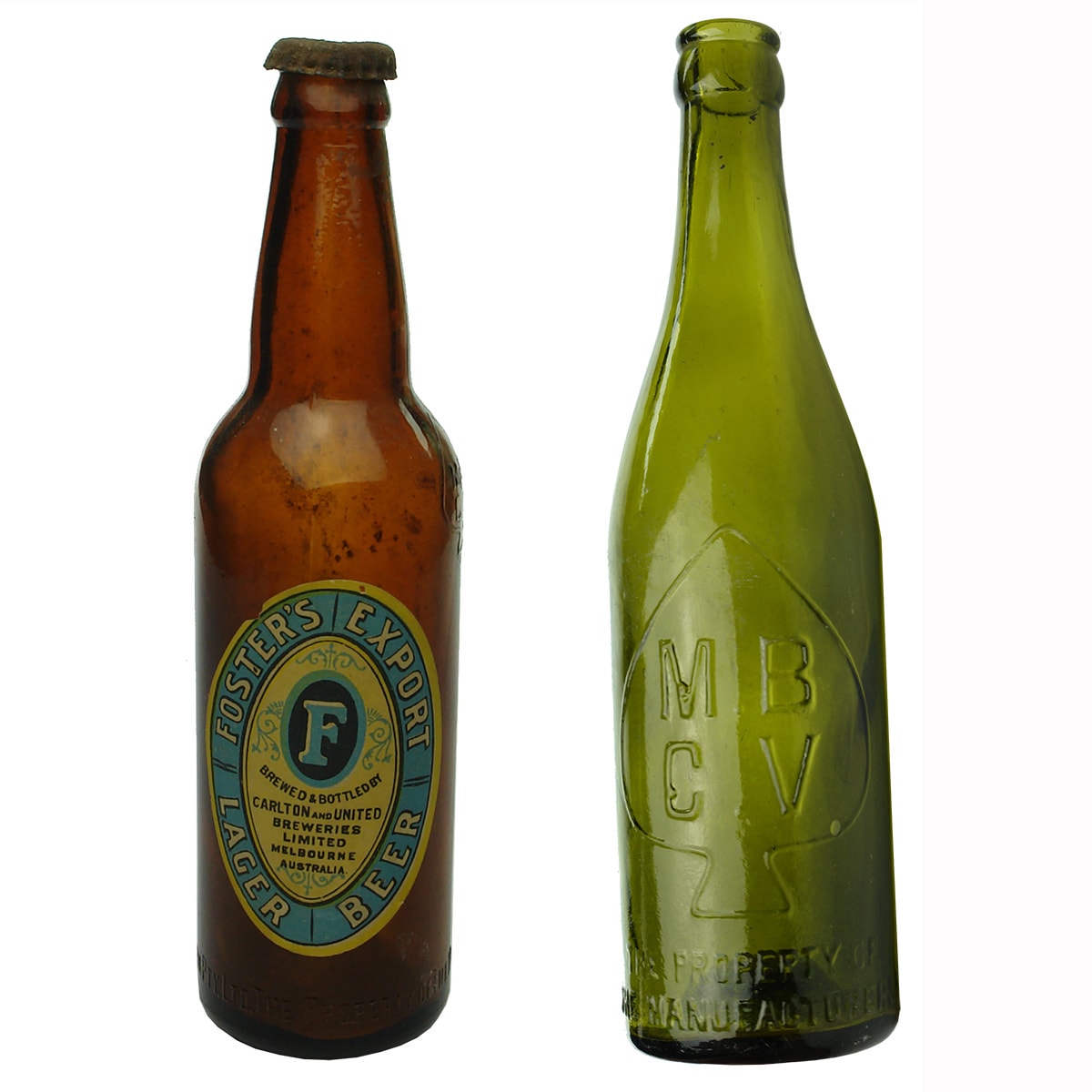 2 Beers. Half size shouldered MBCV Small Spade. Original Foster's Export Lager Beer Label; Half Size Olive Green MBCV. (Victoria)