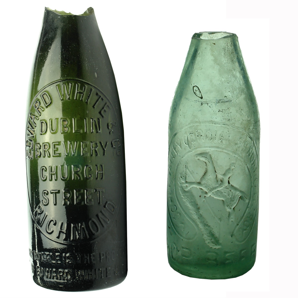 Beers. 1. Edward White & Co., Dublin Brewery, Richmond. Black. 26 oz. 2. Moonee Valley Cordial Co., North Fitzroy, Hop Beer. Horse and Rider. Aqua. 13 oz. (Victoria)