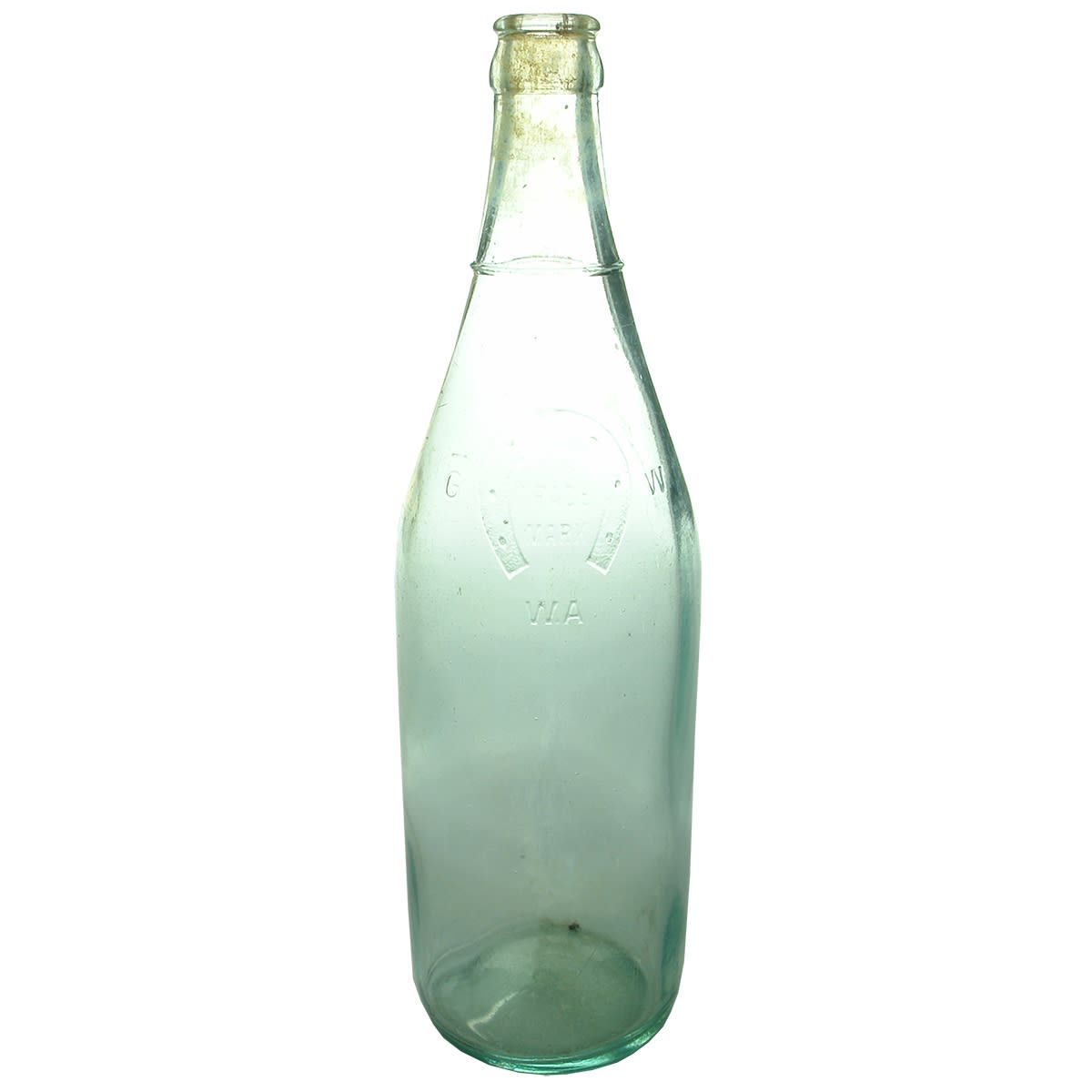 Beer. Perth Glassworks on Shoulder, W. A. below Horseshoe. Crown Seal. Aqua. 26 oz. (Western Australia)