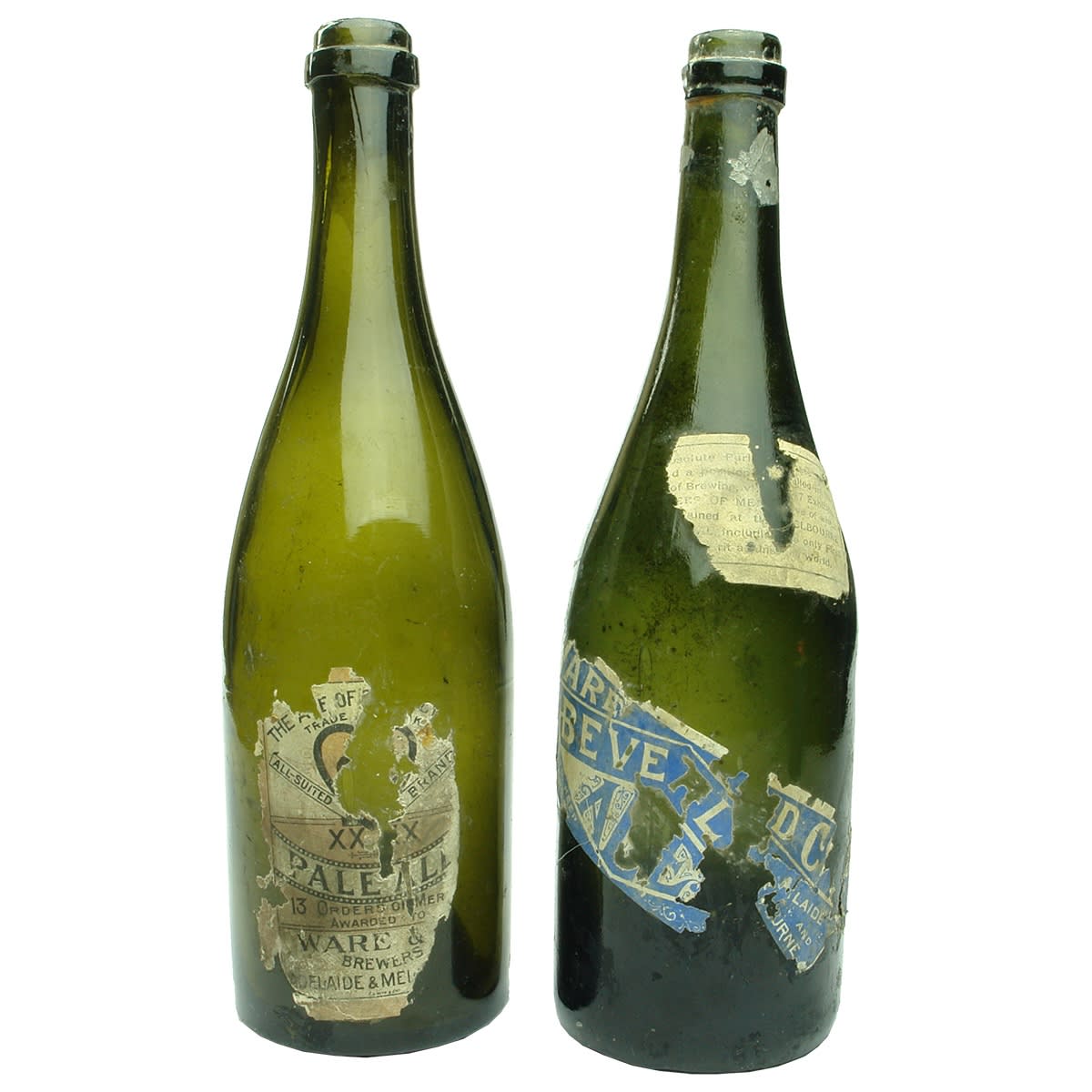 Pair of labelled ring seal beers: 1. Ware & Co., Brewers, Adelaide & Melbourne, XXXXX Pale Ale. 2. Ware & Co., Adelaide and Melbourne, Beverley Brewery. (Victoria, South Australia)