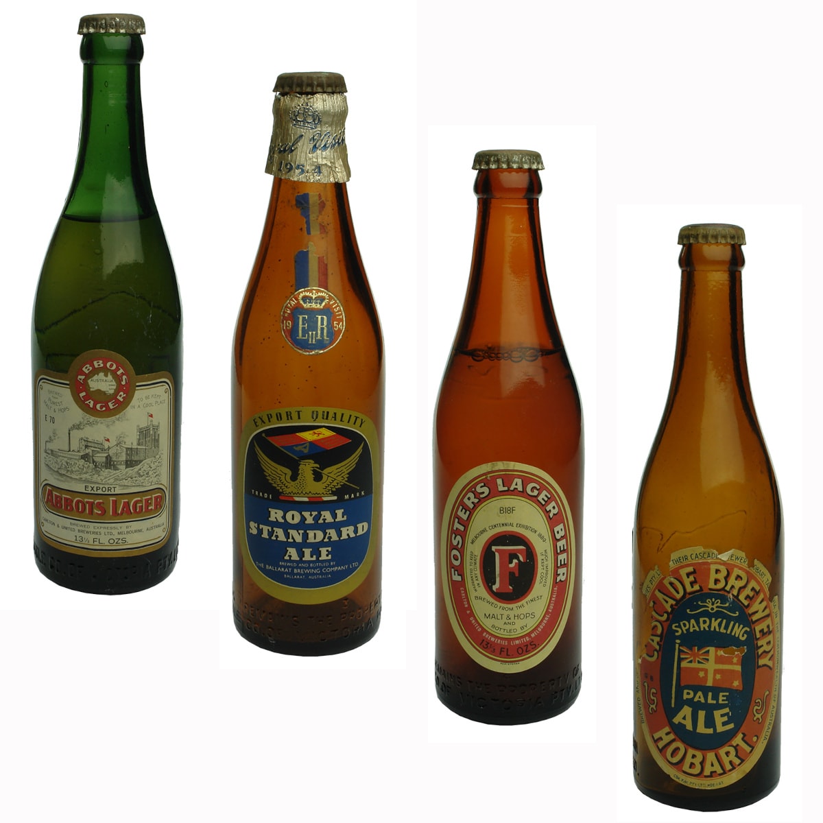 4 13 oz Labelled Crown Seal Beers: Abbots Lager; Royal Standard Ale; Foster's Lager; Cascade Brewery Sparkling Ale.