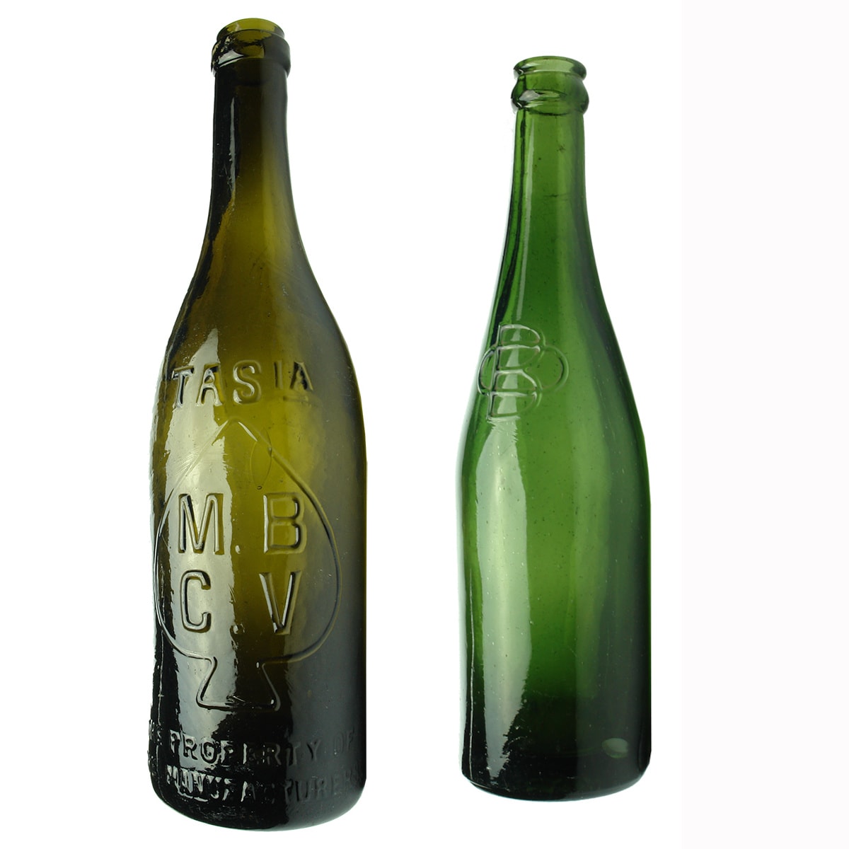 2 Beers. Ring Seal. MBCV Spade. Tasia; Oriental Brewery & Ice Co. OB Monogram. 13 oz (Tasmania & Phillipines)