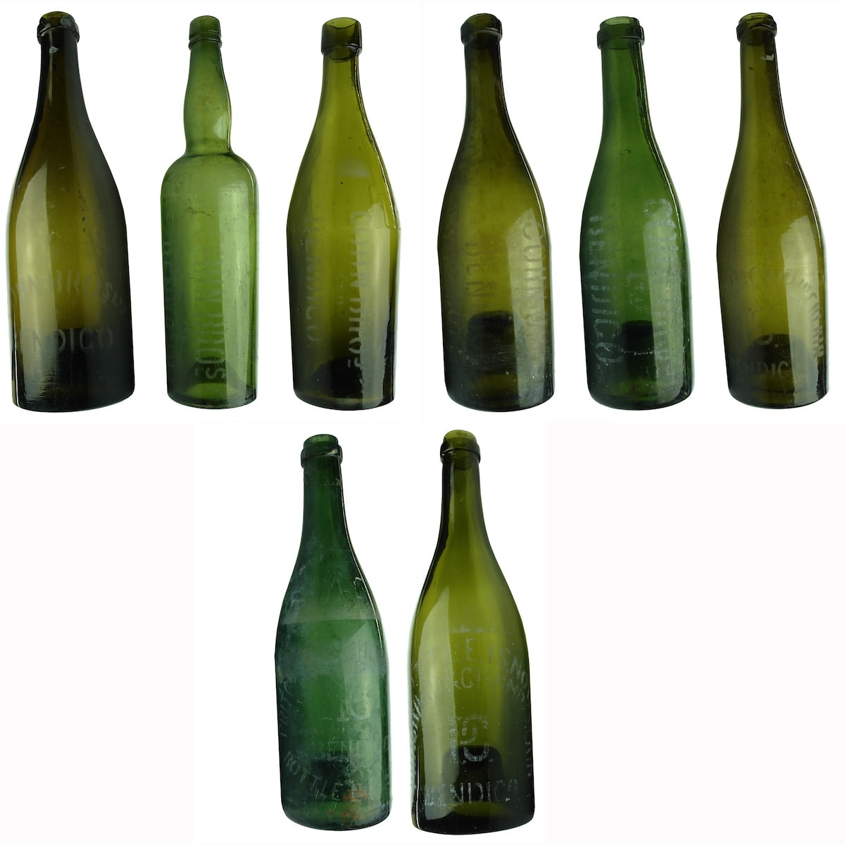 8 Sandblasted Beers: 5 x different Cohn Bros Bendigo; 3 x different Pritchard & Chamberlain Bendigo. (Victoria)