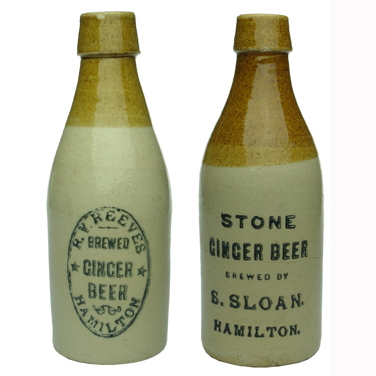 2 Hamilton Ginger Beers. R. V. Reeves and S. Sloan. Tan Top. Champagne. Bendigo Pottery. (Victoria)