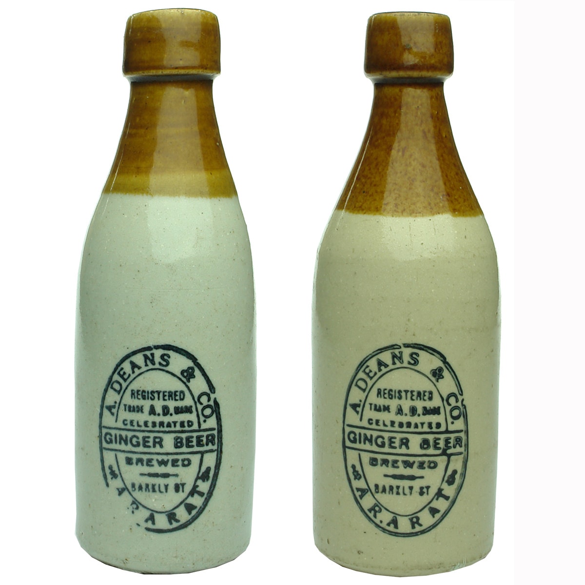 Pair of A. Deans & Co Ararat Ginger Beers. Tall and short types. (Victoria)