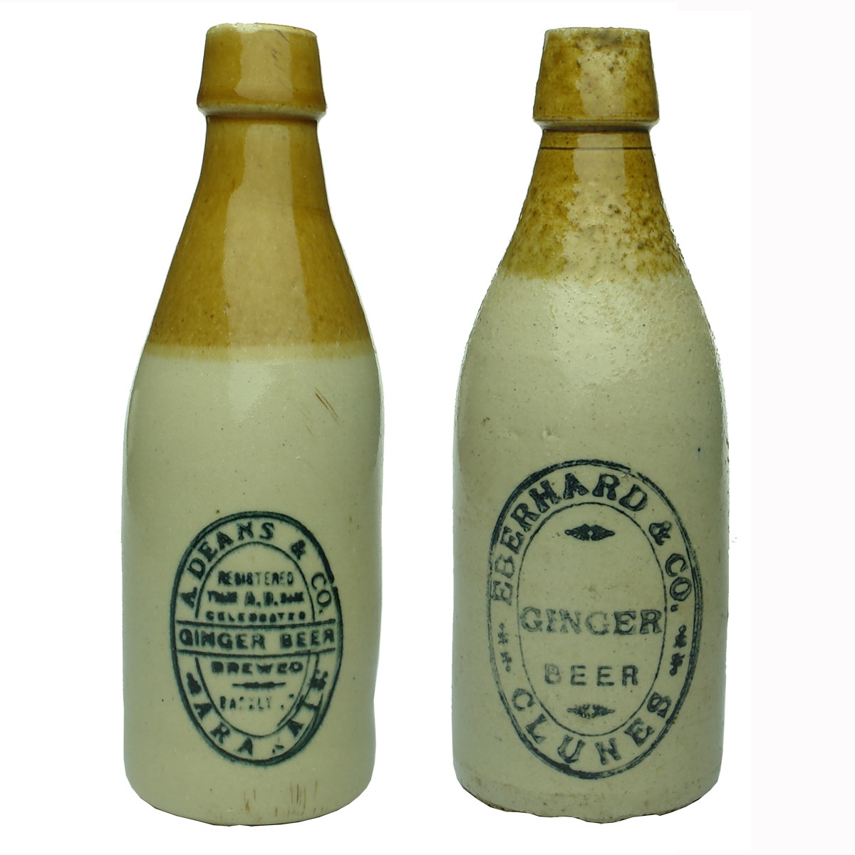2 Ginger Beers. A. Deans & Co., Ararat. Champagne. Tan Top. Box Line; Eberhard & Co., Clunes. (Victoria)
