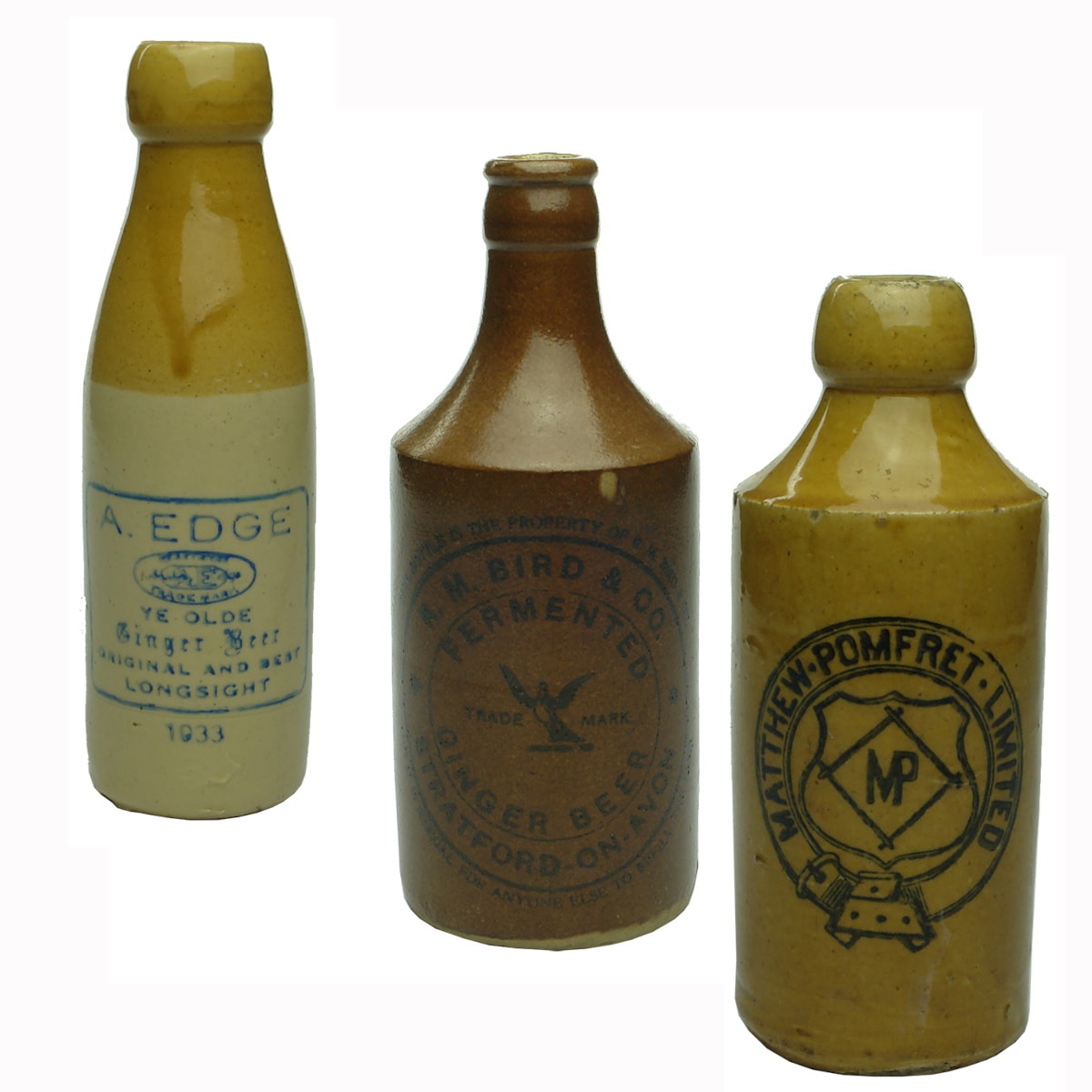3 UK Ginger Beers: A. Edge, Longsight; R. M. Bird & Co., Stratford on Avon; Matthew Pomfret Limited. (UK)