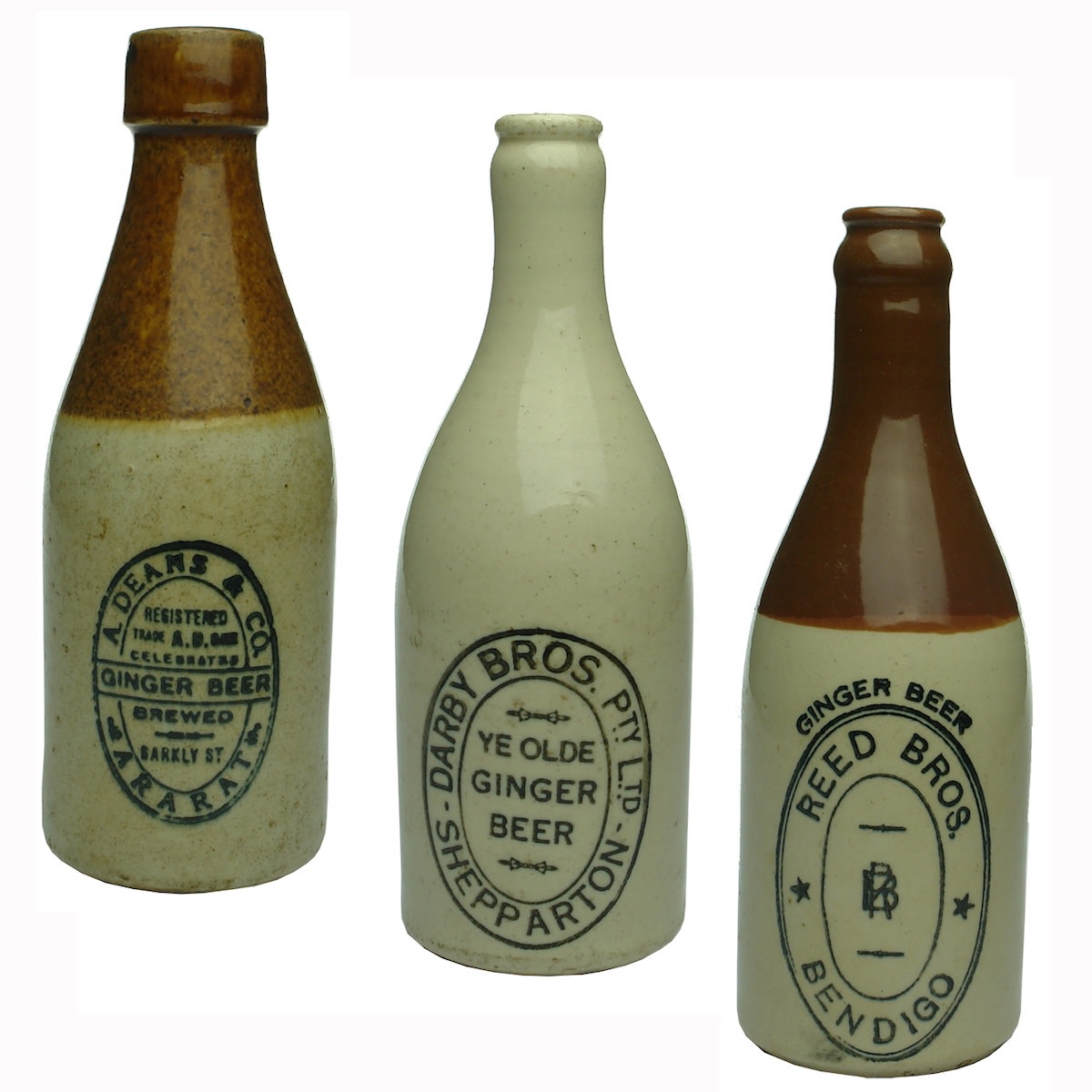 3 Ginger Beers. A. Deans & Co., Ararat; Darby Bros Pty Ltd, Shepparton; Reed Bros., Bendigo. (Victoria)