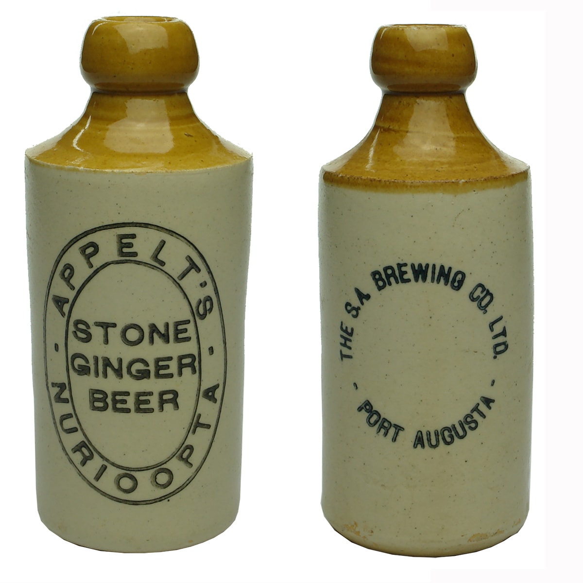 2 Ginger Beers: Appelt's Nurioopta (Nuriootpa); The S. A. Brewing Co Ltd Port Augusta. (South Australia)