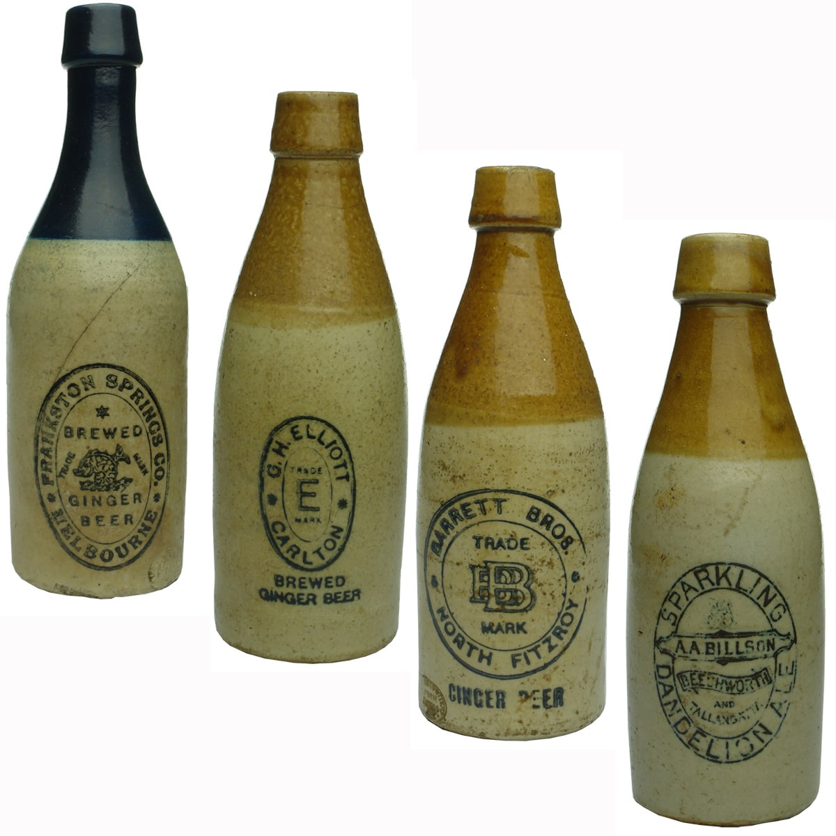 4 Ginger Beers. Frankston Springs Co., Melbourne; G. H. Elliott, Carlton; Barrett Bros. North Fitzroy; A. A. Billson, Beechworth & Tallangatta. (Victoria)