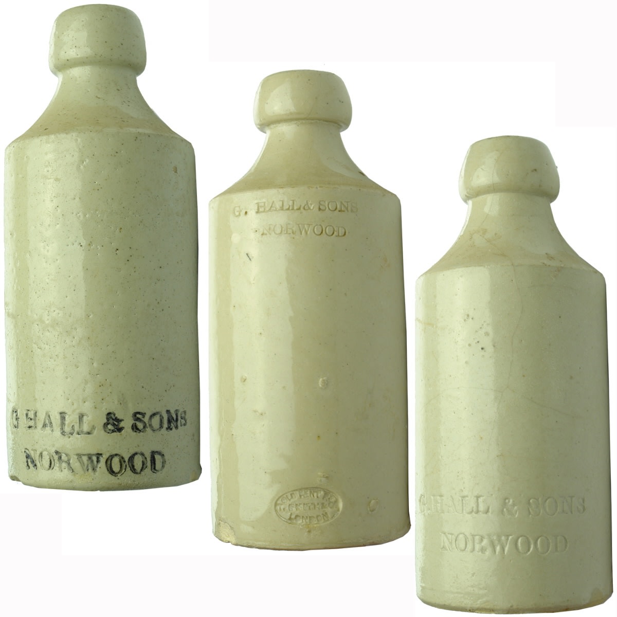 3 Ginger Beers. G. Hall & Sons, Norwood. All White with different potter stamps. (South Australia)
