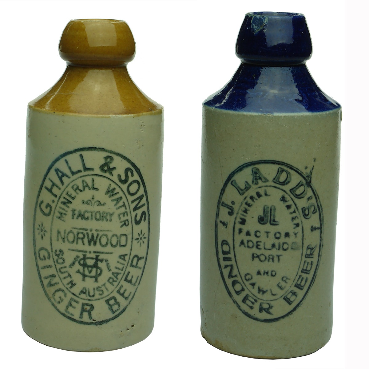 2 Ginger Beers. G. Hall & Sons, Mineral Water Factory, Norwood; J. Ladd, Adelaide, Port & Gawler, Bendigo Pottery. (South Australia)