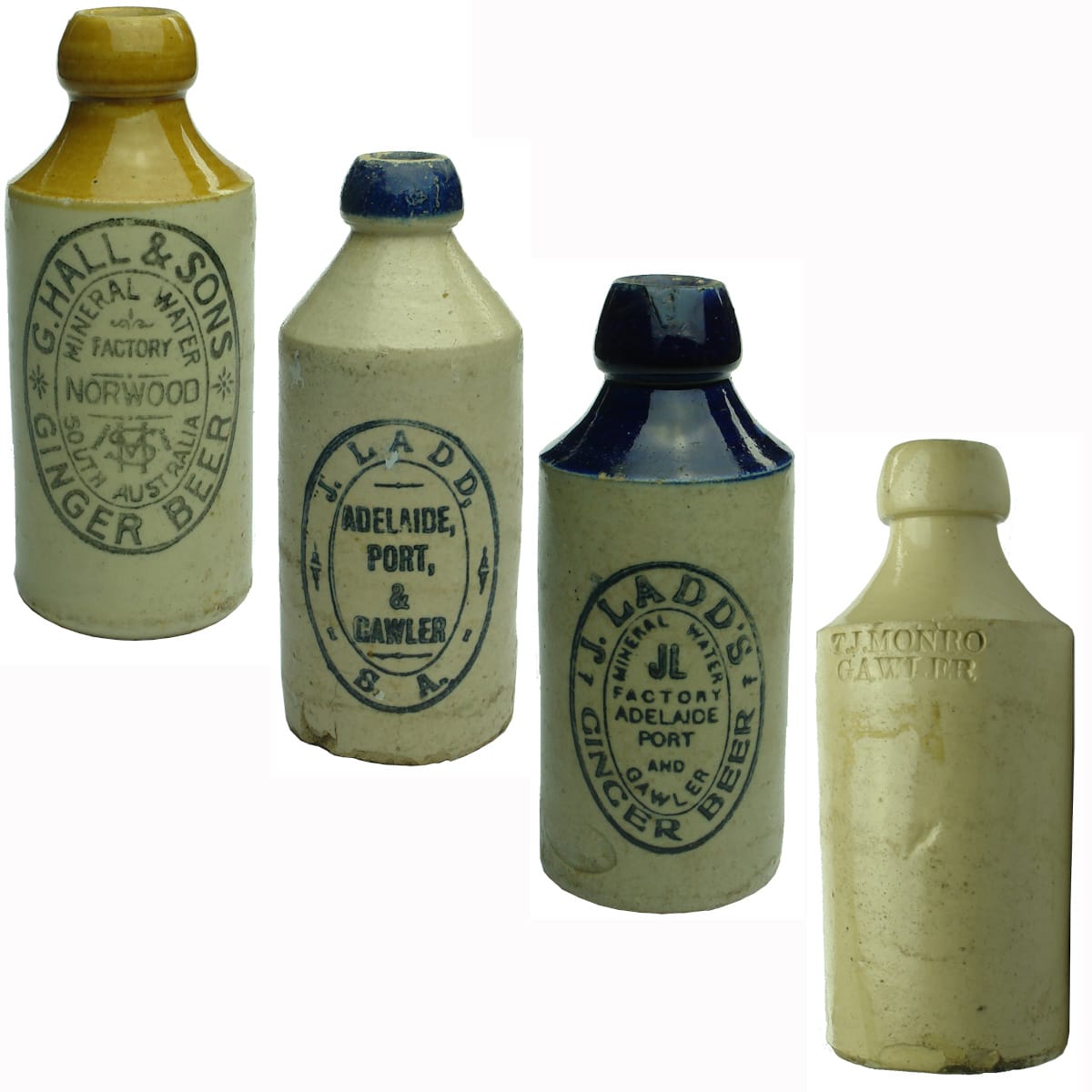 4 Ginger Beers. G. Hall & Sons, Norwood; 2 x J. Ladd Adelaide; T. J. Monro, Gawler. (South Australia)