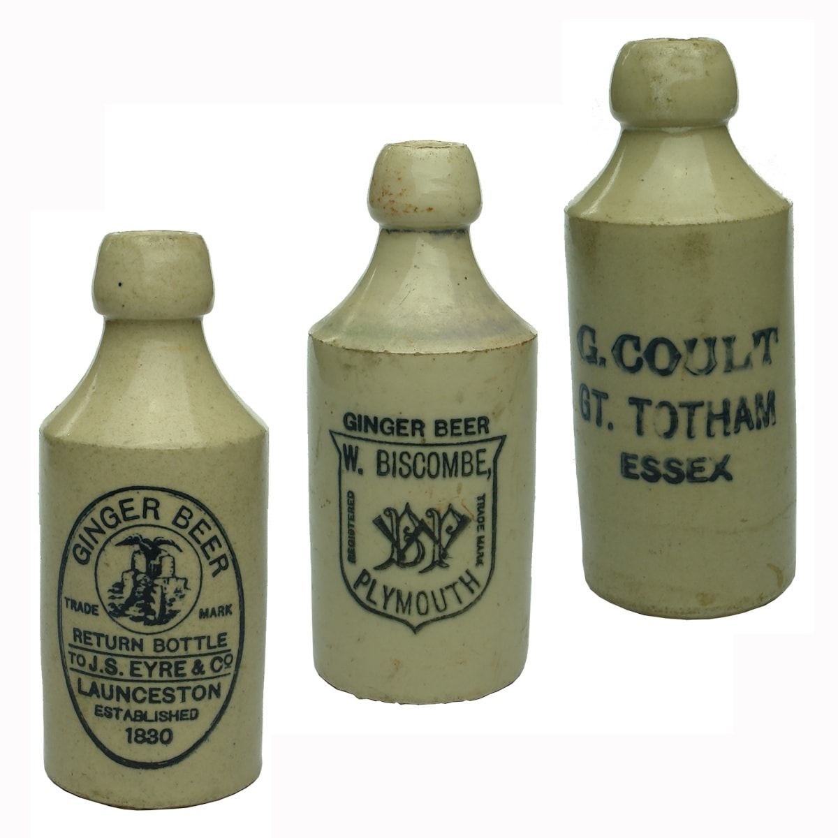 3 UK Ginger Beers: J. S. Eyre & Co., Launceston; W. Biscombe, Plymouth; G. Coult, Great Totham, Essex. (UK)