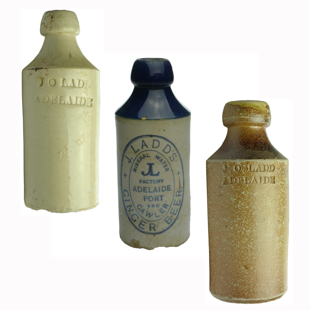 3 Ginger Beers. J O Ladd, Adelaide and J. Ladd Adelaide Port & Gawler. Blue tops. Impressed & Printed. (South Australia)