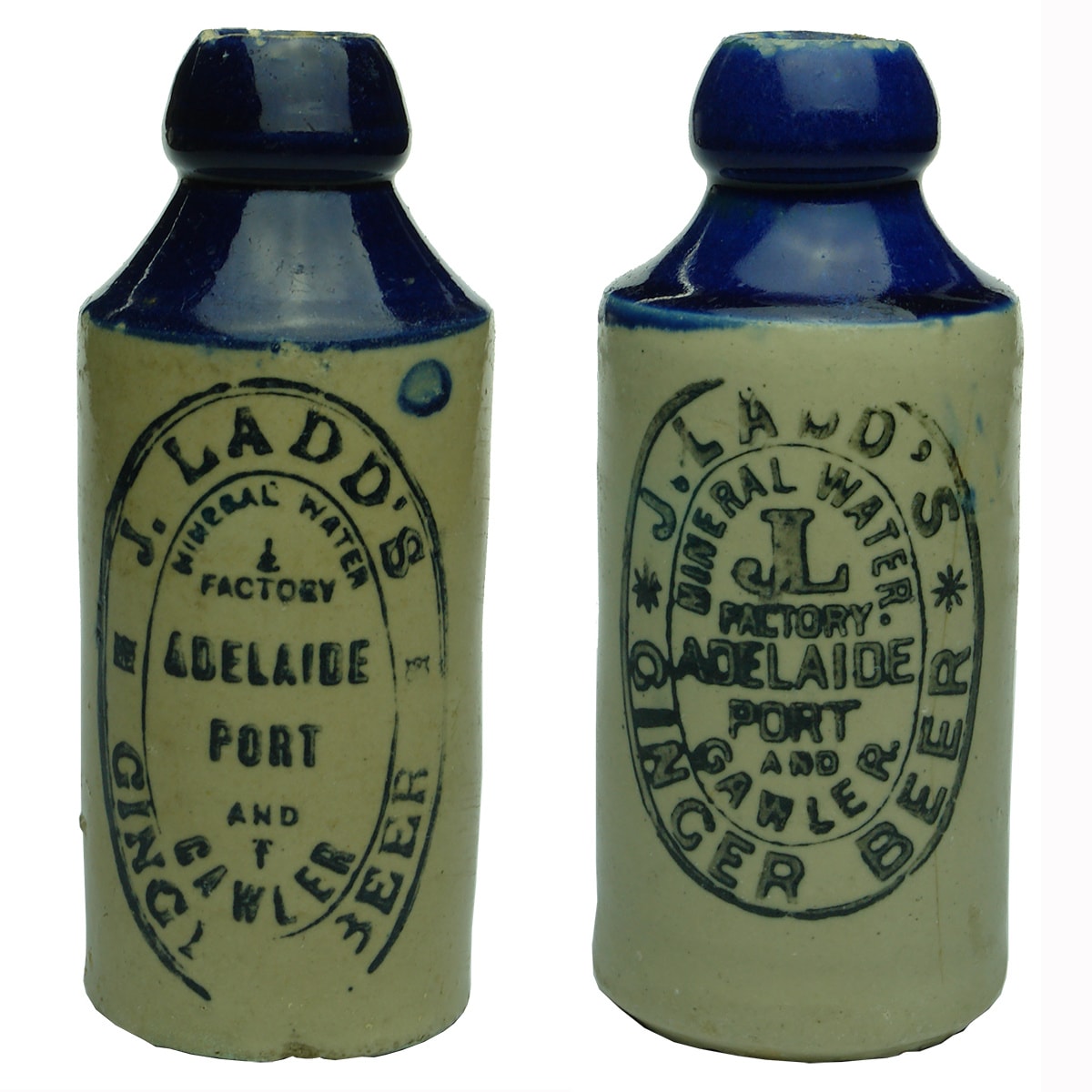 2 J. Ladd Ginger Beers. Adelaide, Port and Gawler. No potters stamp; Mauri Bros & Thomson stamp to second one. (South Australia)
