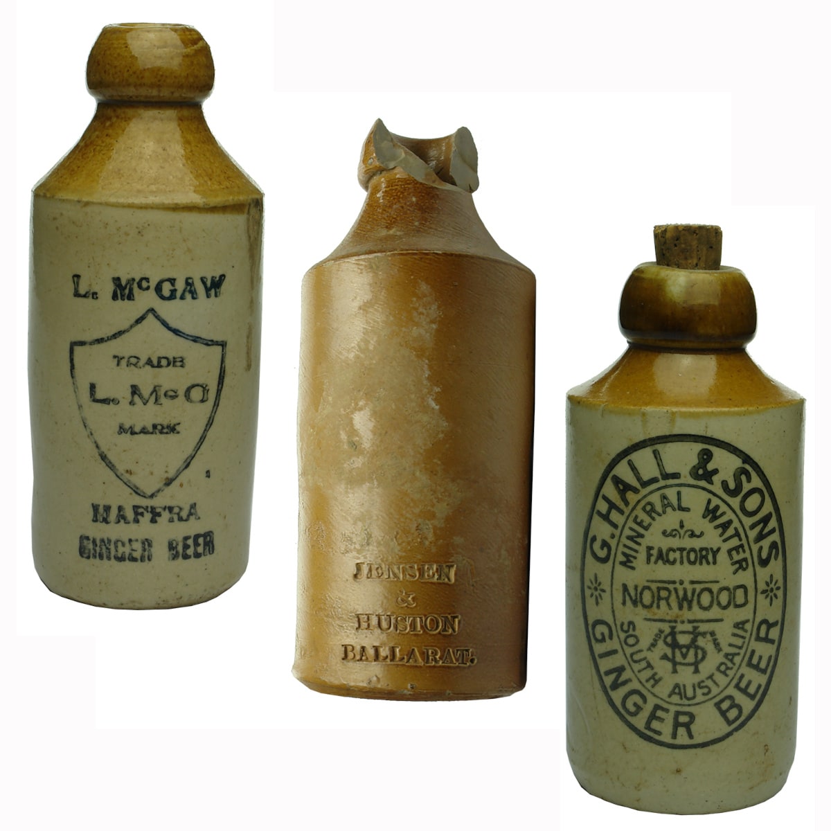 3 Ginger Beers. L. McGaw, Maffra; Jensen & Huston, Ballarat; G. Hall & Sons, Norwood. (Victoria & South Australia)