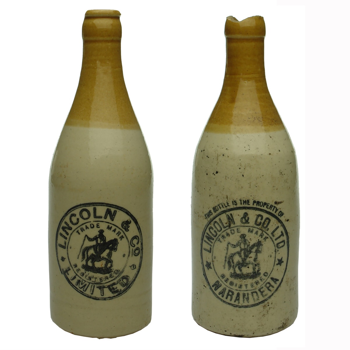 2 Different Lincoln & Co Limited Crown Seal Ginger Beers. Narandera. Stockman. (Narrandera, New South Wales)