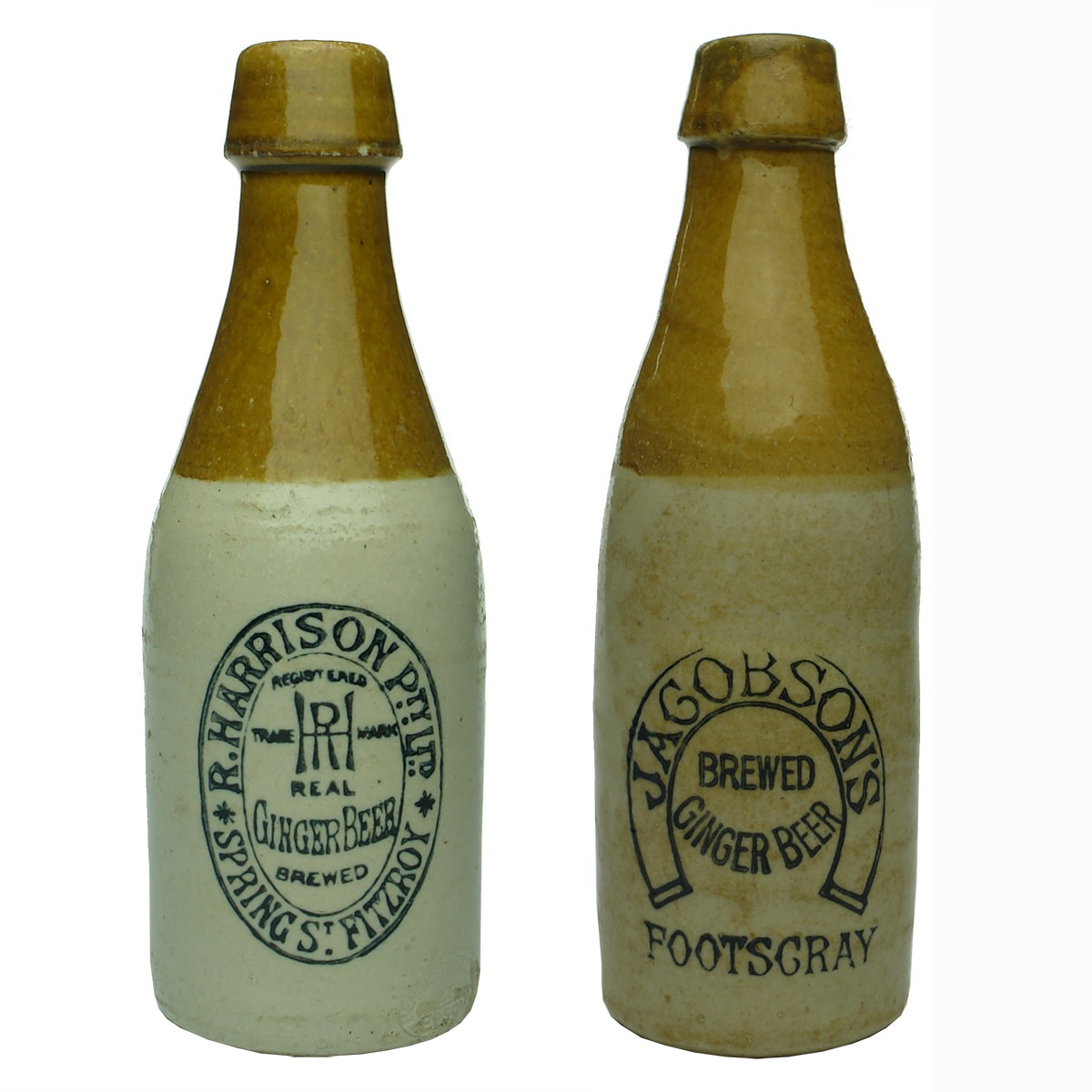 2 Ginger Beers. R. Harrison Pty Ltd., Spring St., Fitzroy; Jacobson's, Footscray. Bendigo Pottery. (Victoria)
