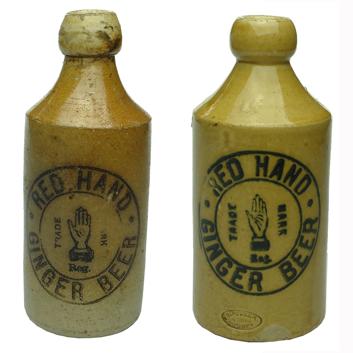 2 Red Hand Ginger Beers. Salt Glaze. Stiff Lambeth and All Tan, R. Fowler potter. (Western Australia)