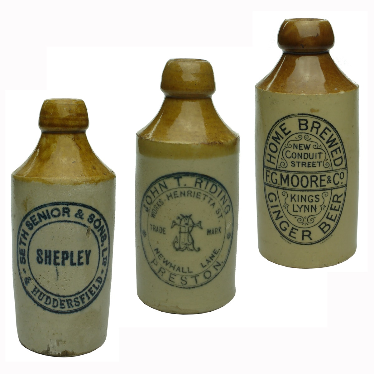 3 UK Ginger Beers: Seth Senior & Sons Ltd Shepley & Huddersfield; John T. Riding, Preston; F. G. Moore & Co., Kings Lynn. (UK)
