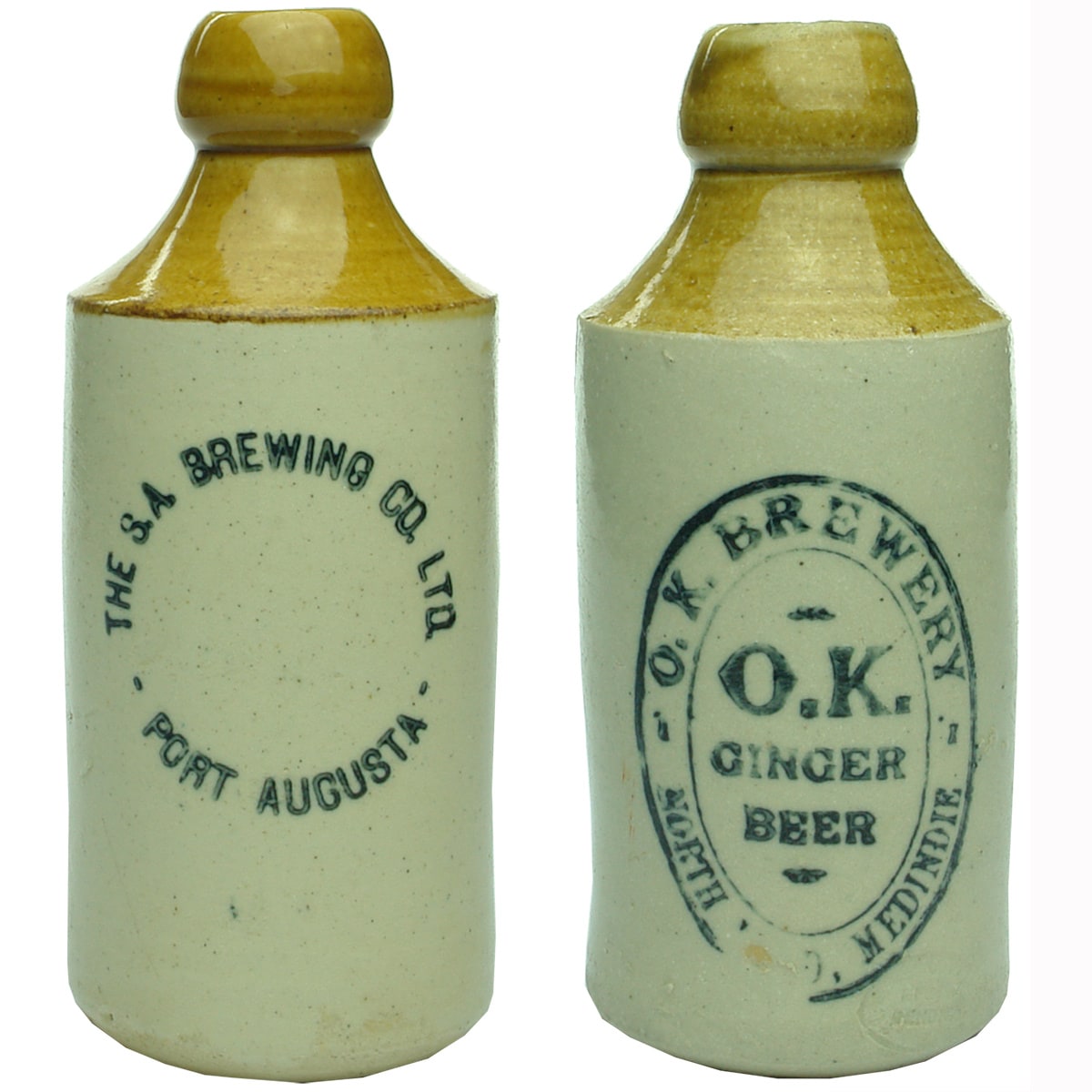 2 Ginger Beers: The S. A. Brewing Co Ltd Port Augusta; O. K. Brewery, North Road, Medindie. (South Australia)