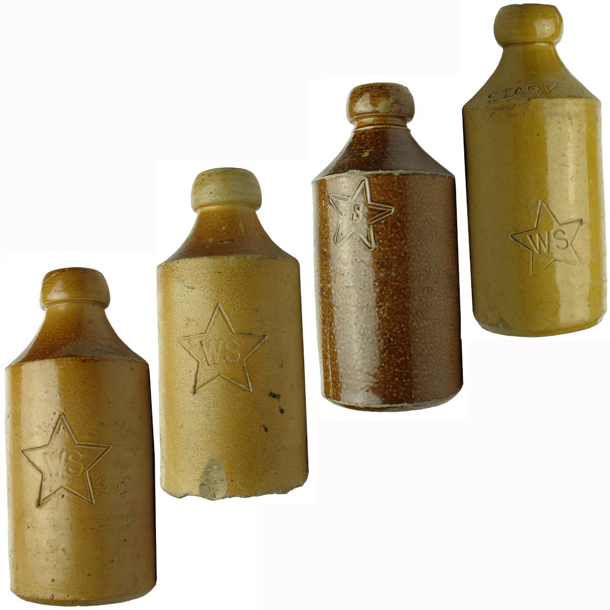 4 Different impressed Starkey Ginger Beers. S or WS in Star. 3 x Doulton Lambeth, one with no potters stamp. (Sydney, New South Wales)