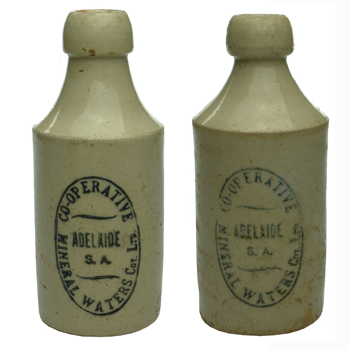 2 Ginger Beers: Both Co-operative Mineral Waters Coy Ltd, Adelaide. Bendigo Pottery. Larger and smaller types. (South Australia)