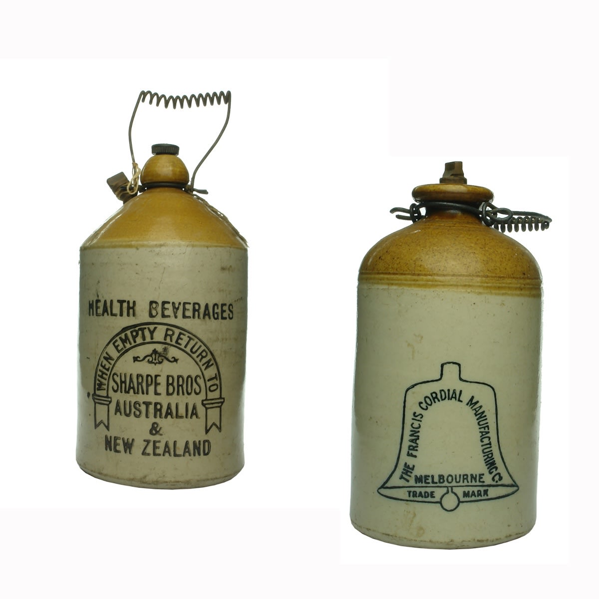 2 Demijohns. Sharpe Bros. Australia & New Zealand. Horseshoe type and The Francis Cordial Manufacturing Co., Melbourne.