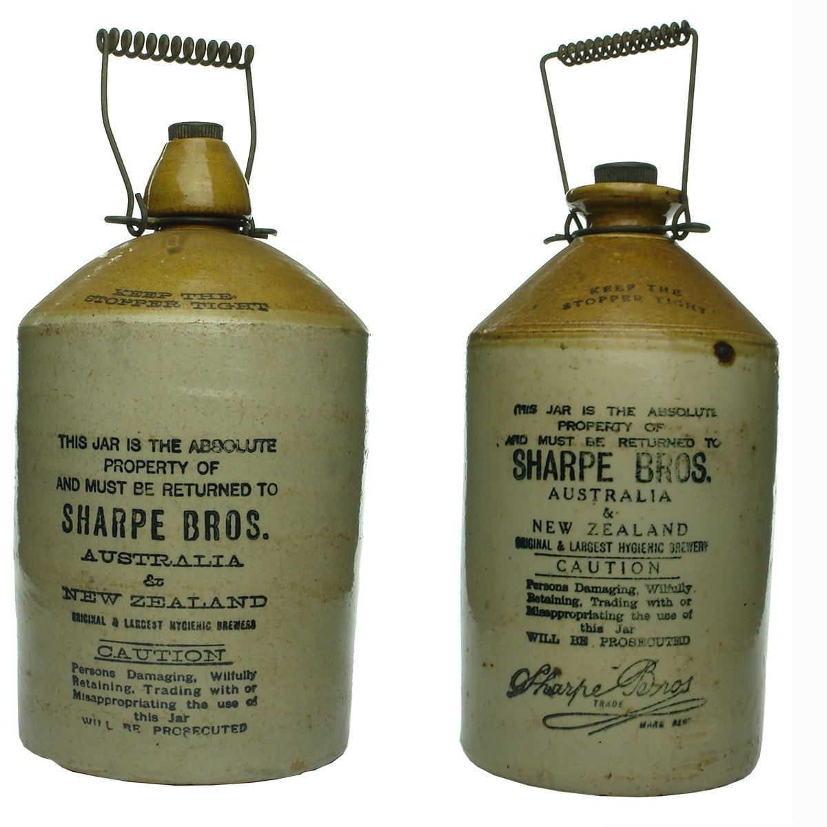 2 Demijohns. Sharpe Bros., Australia & New Zealand. No Signature. Tulip Top; Sharpe Bros., Australia & New Zealand. Signature. Tan Top. Internal Thread.