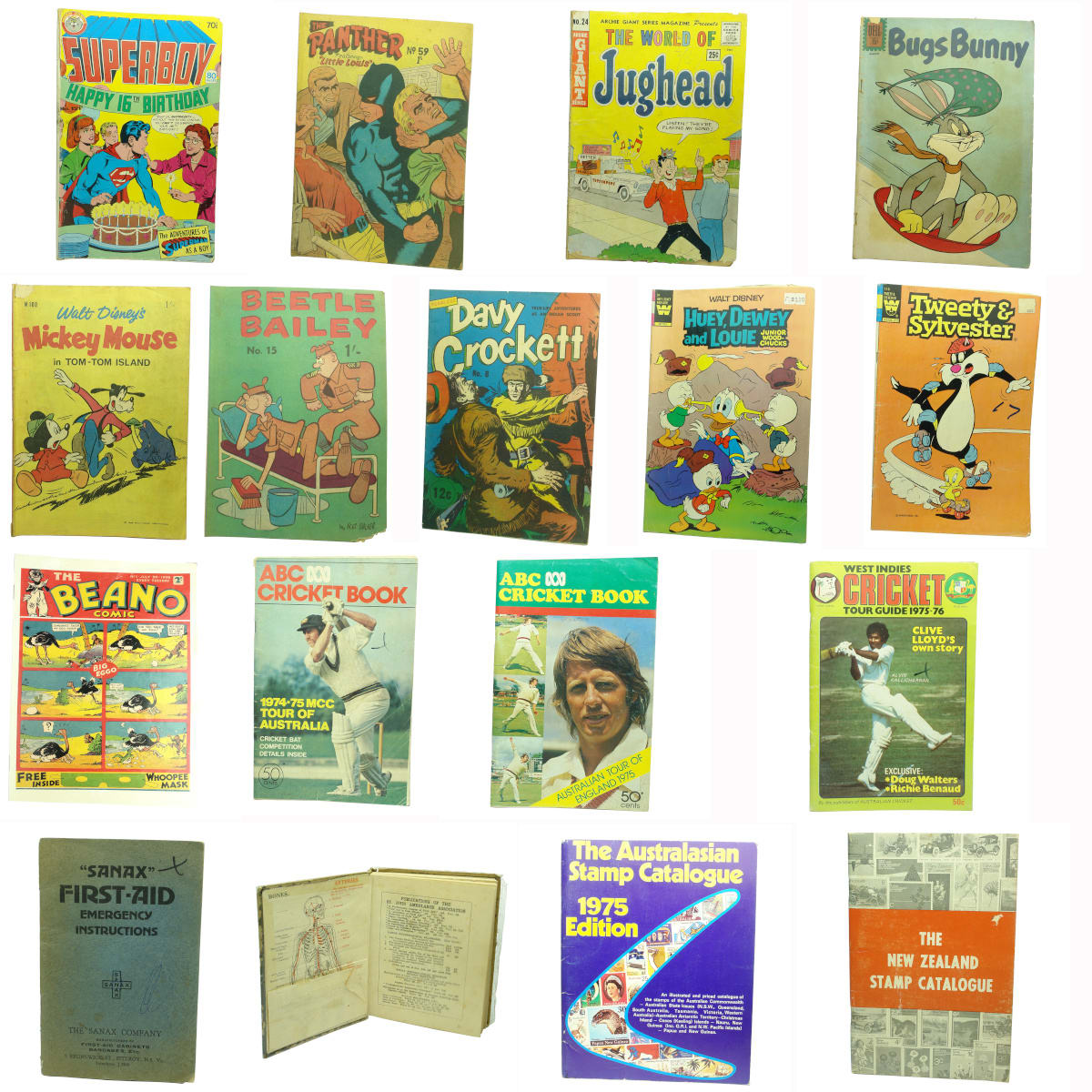 17 Comics, Booklets etc: Superboy; The Panther; Jughead; Bugs Bunny; Mickey Mouse; Beetle Bailey; Davey Crockett; Huey, Dewey & Louie; Tweety & Sylvester; Beano; Cricket Guides 1970s; First Aid x 2; Stamp Catalogues x 2.
