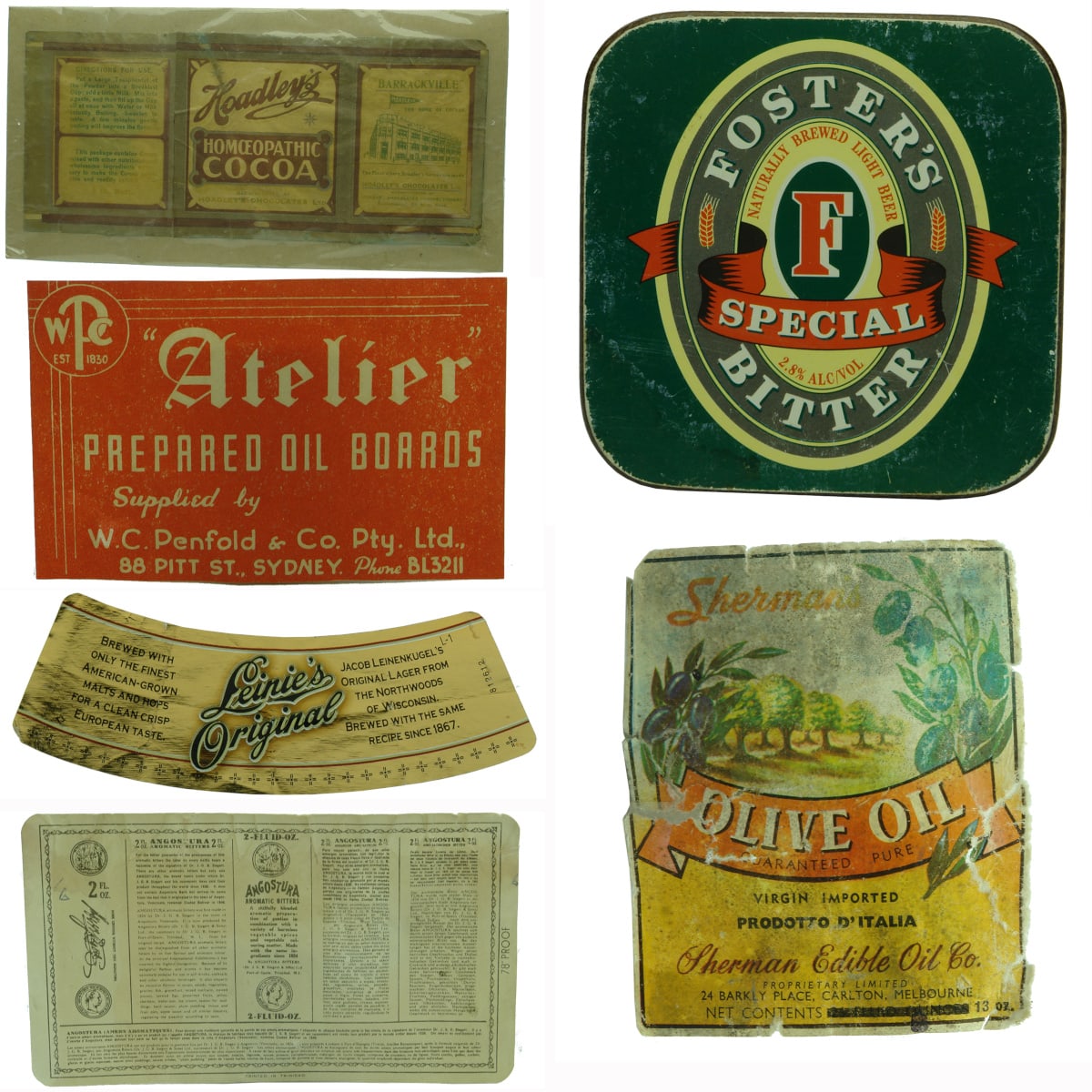 Ephemera: 1. Hoadley's Homoeopathic Cocoa, "Barrackville", St. Kilda Road, Paper Label. 2. Foster's Special Bitter Drink Coaster. 3. "Atelier" Prepared Oil Boards, W. C. Penfold, Sydney, Paper Label. 4. Leinie's Original Neck Label. 5. Sherman Edible Oil Co., Olive Oil, Carlton, Melbourne. Paper Label. 6. Angostura Bitters Paper Label.