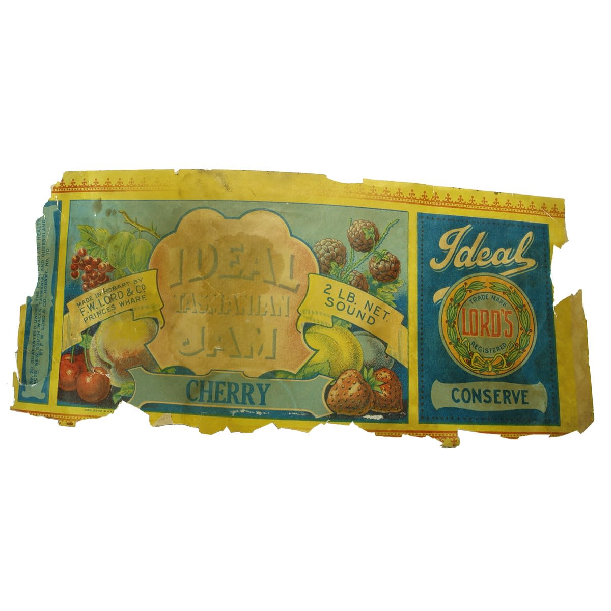 Ephemera. Ideal Tasmanian Jam, F. W. Lord & Co., Princes Wharf, Hobart. Label for 2 Pounds of Cherry Conserve. (Tasmania)