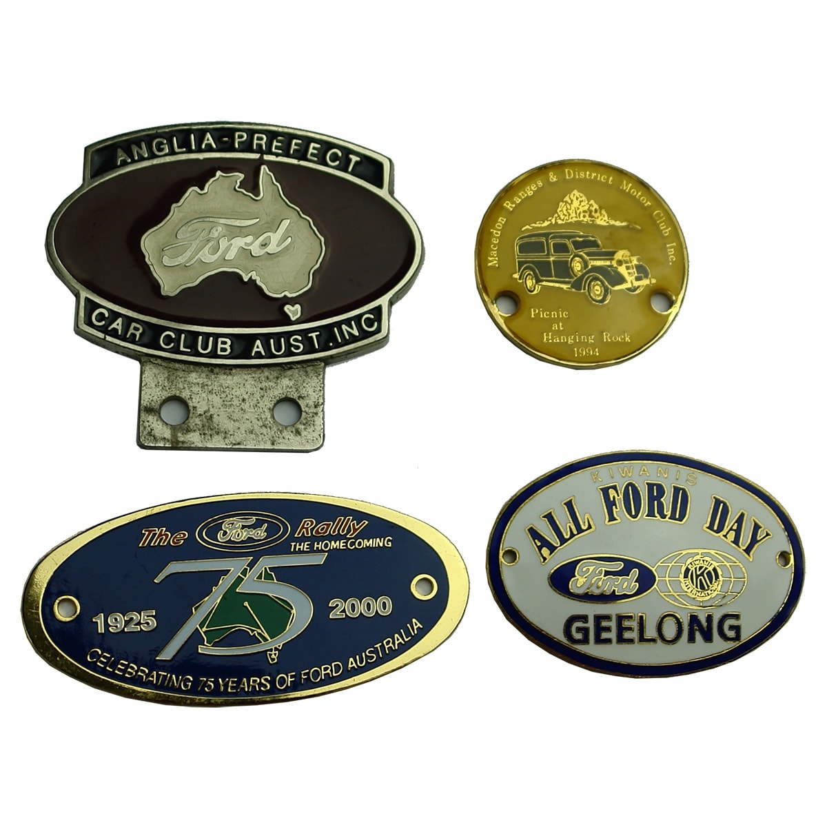 4 Enamel Car Club Badges: Ford Rally 1925 - 2000; Kiwanis All Ford Day Geelong; Ford Anglia Prefect Car Club; Macedon Range & District Motor Club Hanging Rock 1994.
