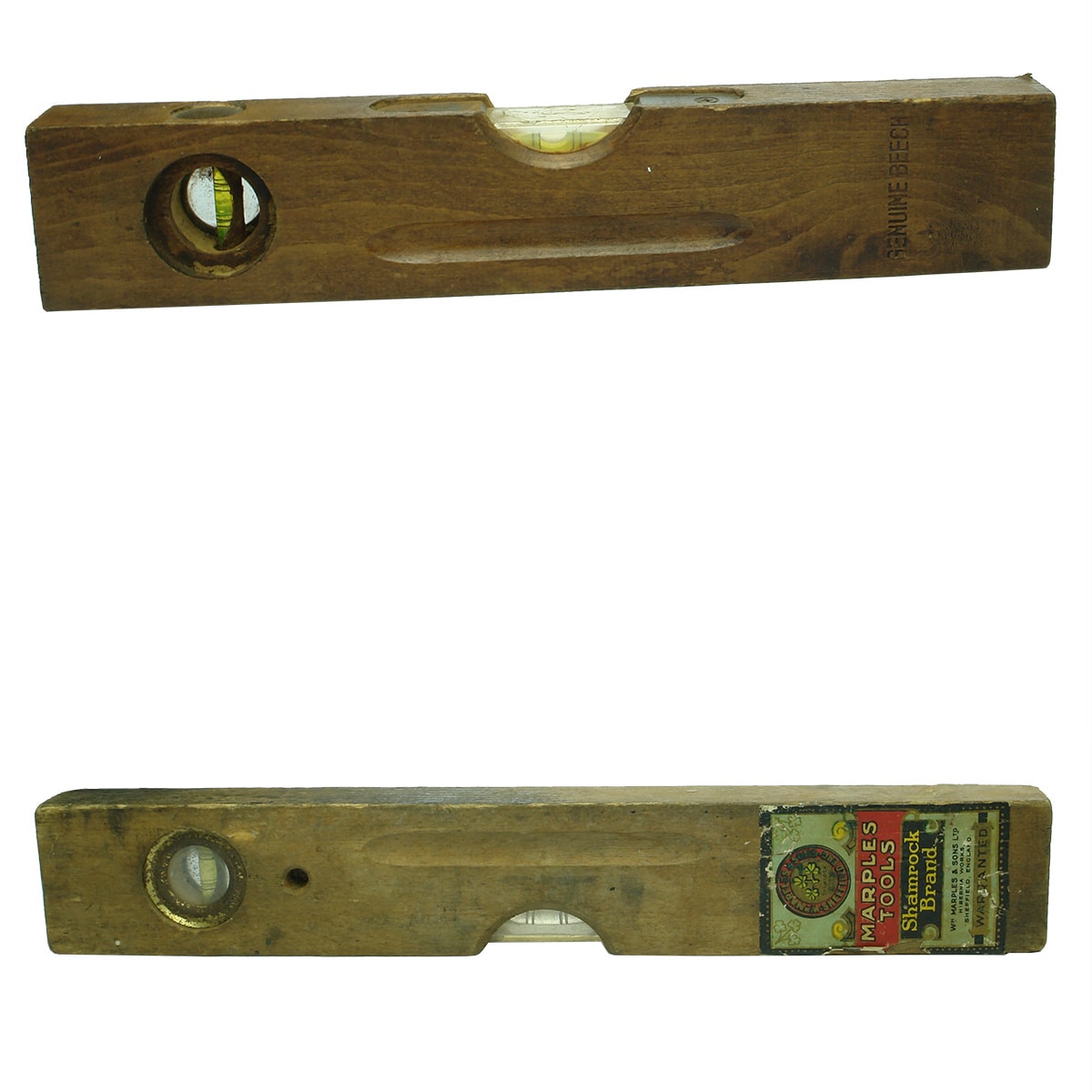 Tools. Two Wooden Spirit Levels: 1. Genuine Beech. 2. Marples Tools, Shamrock Brand, Sheffield, England, Genuine Beech.