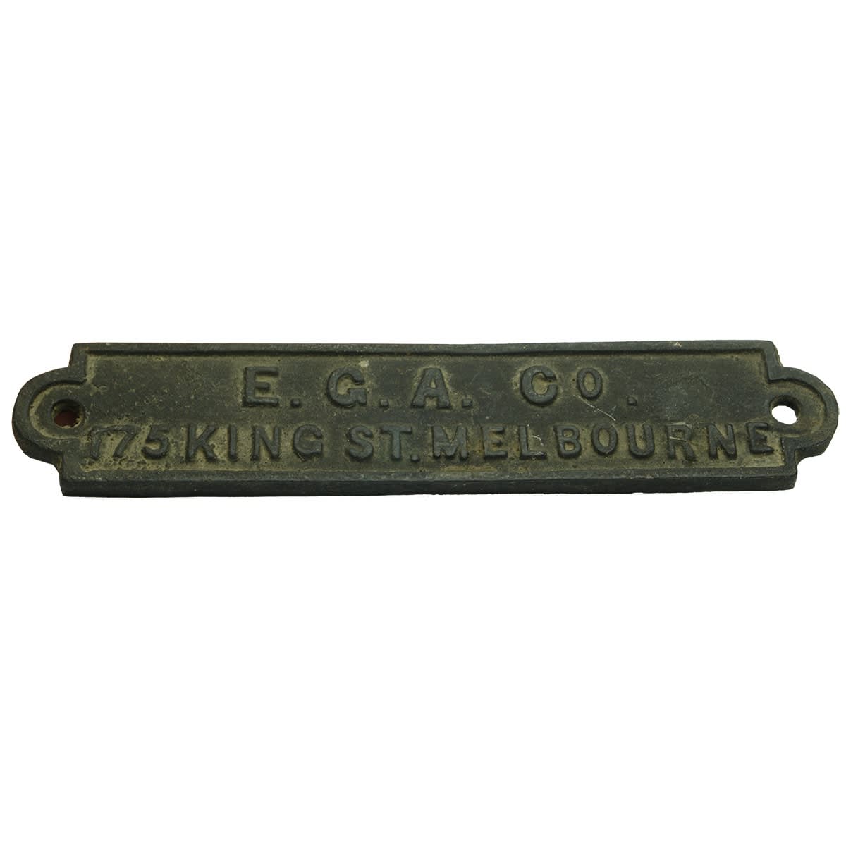 Metalware. E. G. A. Co., 175 King St., Melbourne. Cast Iron Badge. (Victoria)
